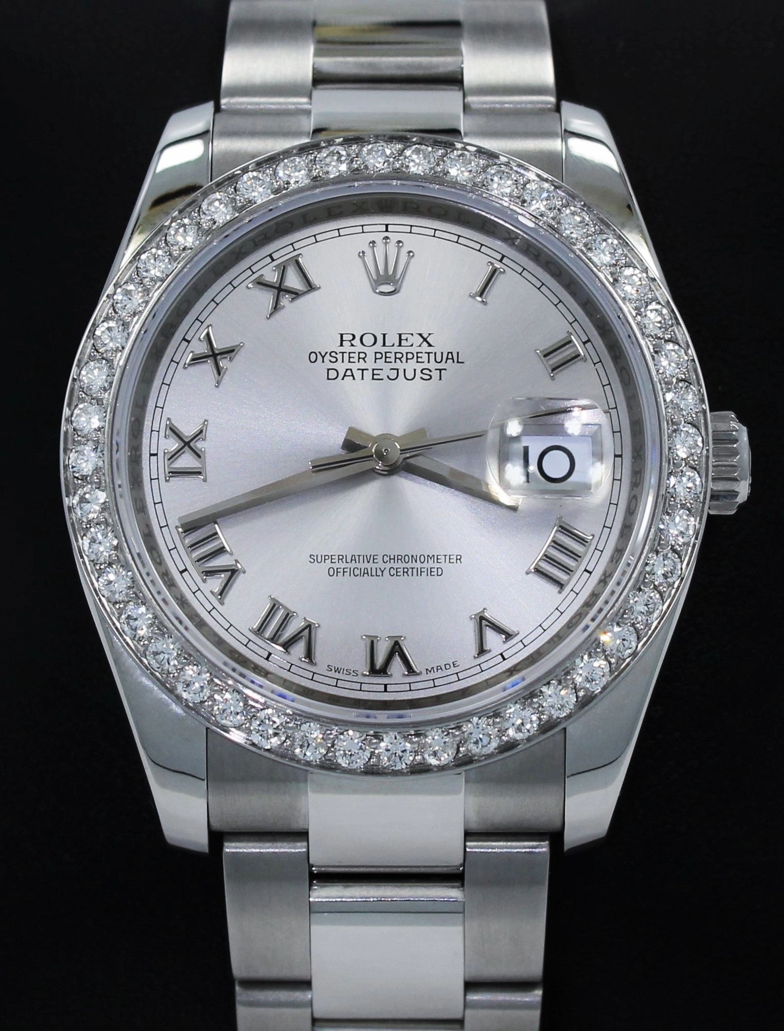 Rolex Datejust 116200 36mm Oyster Perpetual 1.95CT Diamond Bezel Silver Roman Dial