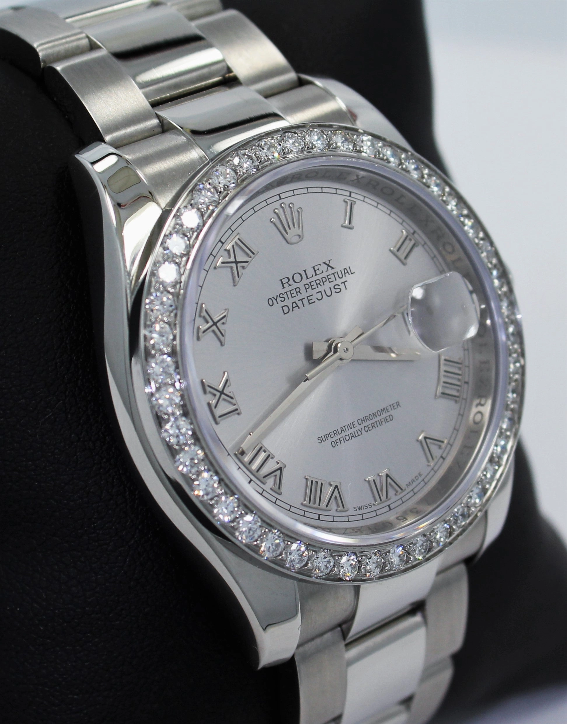 Rolex Datejust 116200 36mm Oyster Perpetual 1.95CT Diamond Bezel Silver Roman Dial