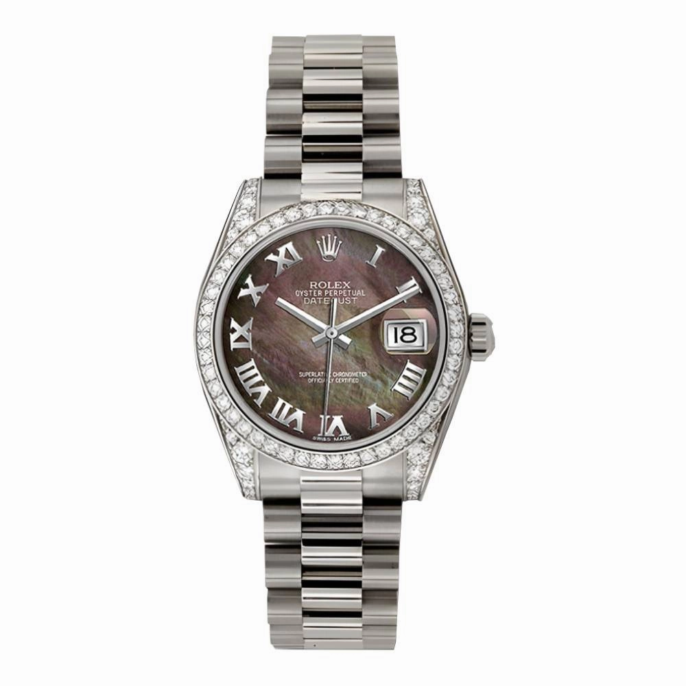 Rolex Datejust 31mm - Ref: 178159 dkmrp - Dark Mother of Pearl Dial & Diamond Bezel, 18K White Gold President Bracelet Women's Watch