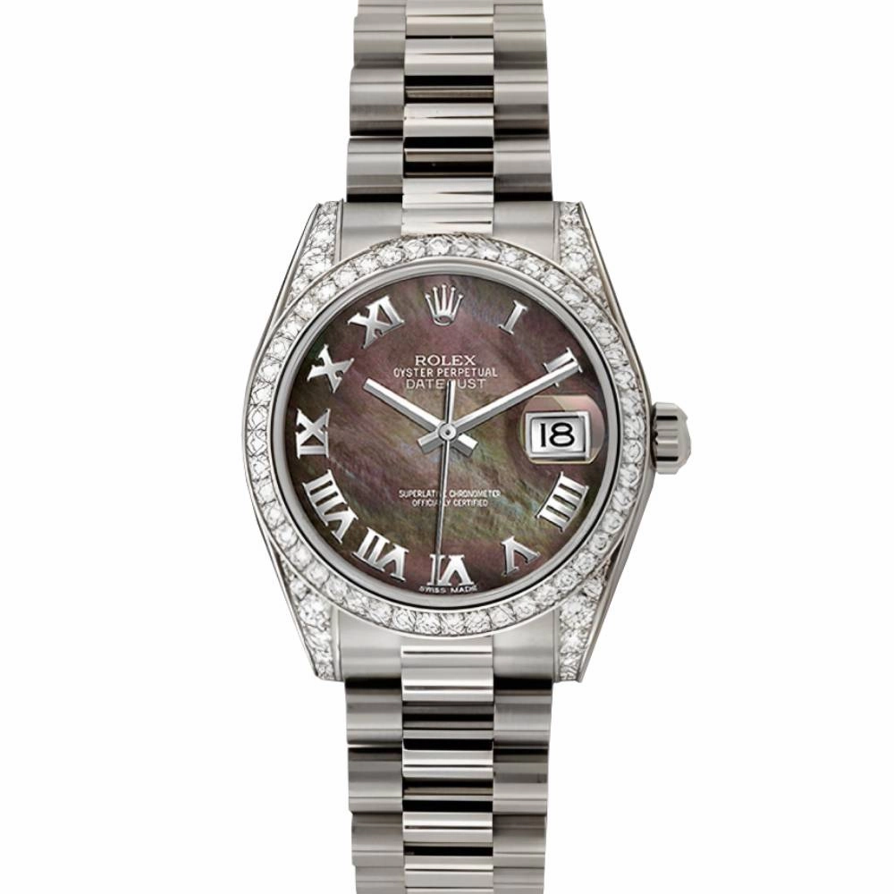 Rolex Datejust 31mm - Ref: 178159 dkmrp - Dark Mother of Pearl Dial & Diamond Bezel, 18K White Gold President Bracelet Women's Watch