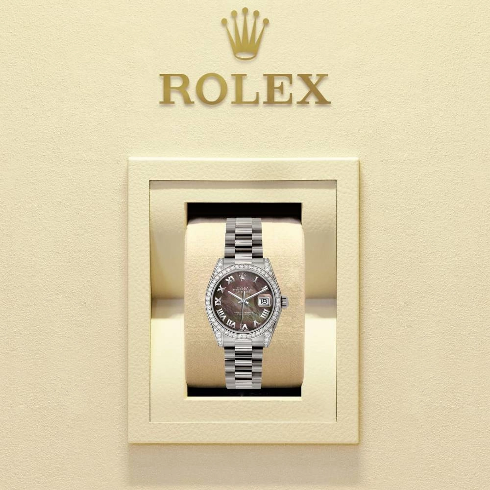Rolex Datejust 31mm - Ref: 178159 dkmrp - Dark Mother of Pearl Dial & Diamond Bezel, 18K White Gold President Bracelet Women's Watch