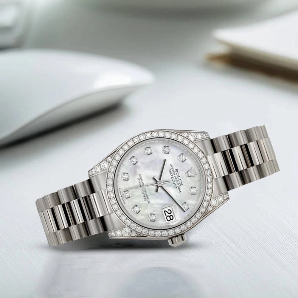 Rolex Datejust 31mm - Ref: 178159 mdp - White Mother of Pearl Diamond Dial & Diamond Bezel & Case, 18K White Gold Presidential Bracelet Women's Watch