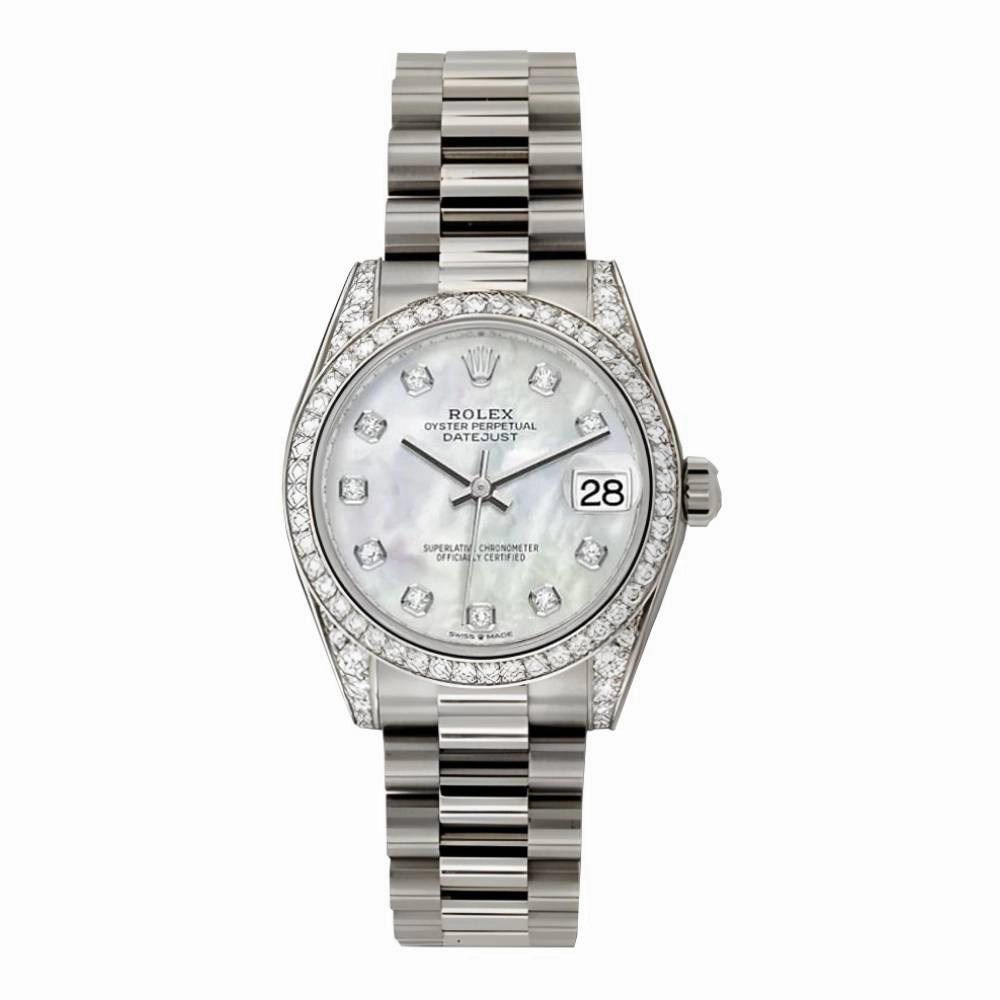 Rolex Datejust 31mm - Ref: 178159 mdp - White Mother of Pearl Diamond Dial & Diamond Bezel & Case, 18K White Gold Presidential Bracelet Women's Watch