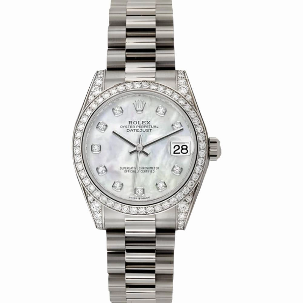Rolex Datejust 31mm - Ref: 178159 mdp - White Mother of Pearl Diamond Dial & Diamond Bezel & Case, 18K White Gold Presidential Bracelet Women's Watch