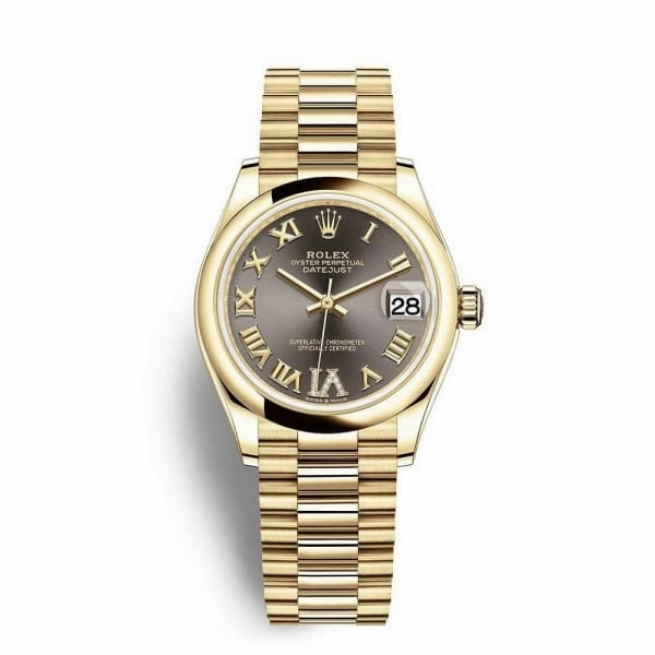 Rolex Datejust 31mm - Ref: 278248-0032 - Grey Roman Diamond Dial, 18K Yellow Gold Presidential Bracelet Women's Watch