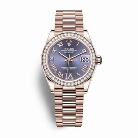Rolex Datejust 31mm - Ref: 278285rbr-0023 - Aubergine Purple Roman Diamond Dial & Diamond Bezel, 18K Rose Gold President Bracelet Women's Watch