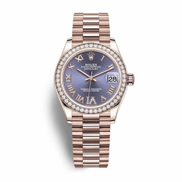 Rolex Datejust 31mm - Ref: 278285rbr-0023 - Aubergine Purple Roman Diamond Dial & Diamond Bezel, 18K Rose Gold President Bracelet Women's Watch