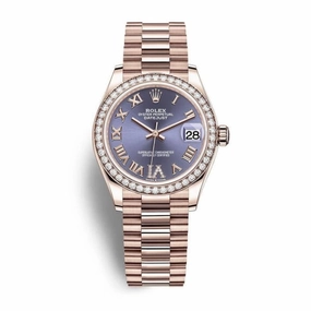 Rolex Datejust 31mm - Ref: 278285rbr-0023 - Aubergine Purple Roman Diamond Dial & Diamond Bezel, 18K Rose Gold President Bracelet Women's Watch