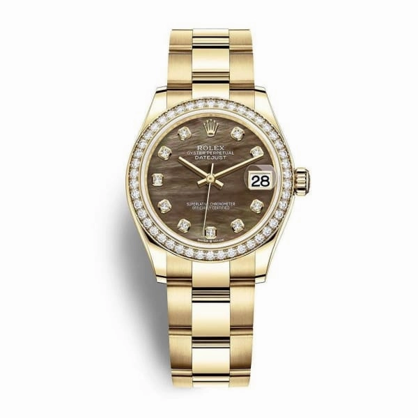 Rolex Datejust 31mm - Ref: 278288rbr-0031 - Black Mother of Pearl Diamond Dial & Diamond Bezel, 18K Yellow Gold Oyster Bracelet Women's Watch