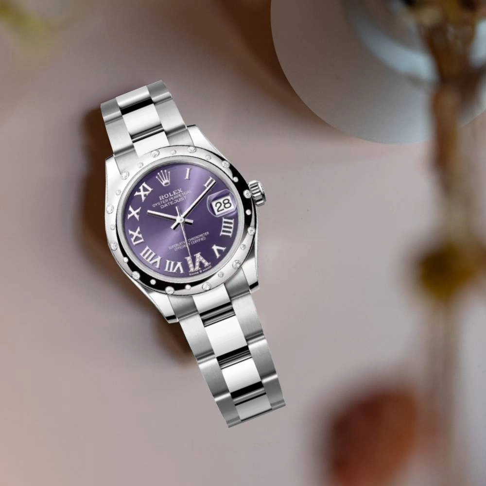 Rolex Datejust 31mm - Ref: 278344rbr-0027 - Aubergine Purple Roman Diamond Dial & Diamond Bezel, Stainless Steel Oyster Bracelet Women's Watch