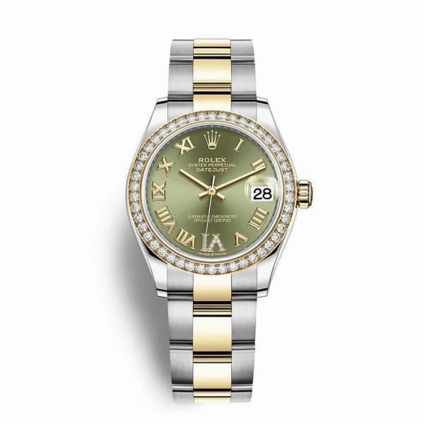 Rolex Datejust 31mm - Ref: 278383rbr-0015 - Olive Green Roman Diamond Dial & Diamond Bezel, Two Tone Stainless Steel & 18K Yellow Gold Oyster Bracelet Women's Watch