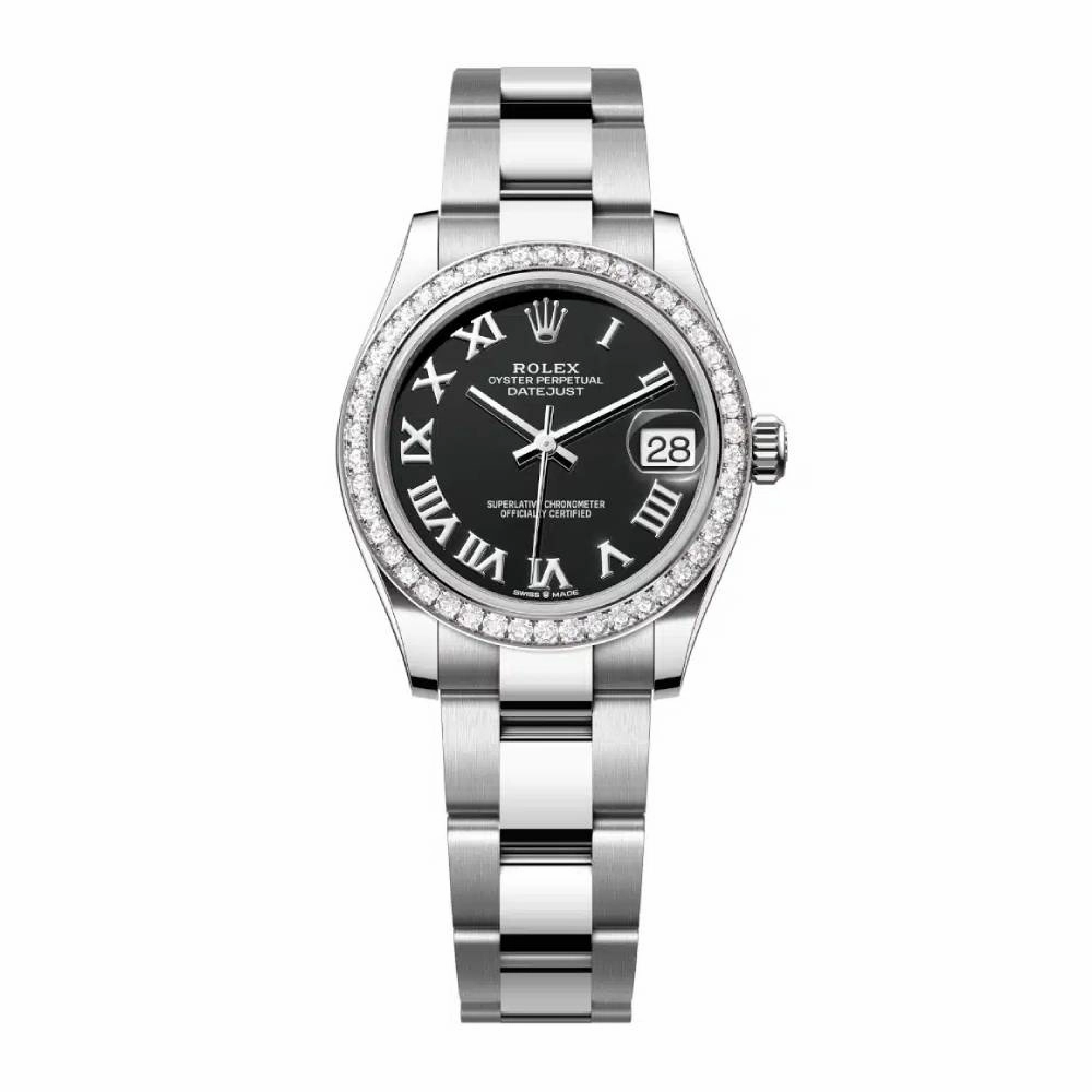Rolex Datejust 31mm - Ref: 278384rbr-0001 - Black Roman Dial & Diamond Bezel, Stainless Steel Oyster Bracelet Women's Watch