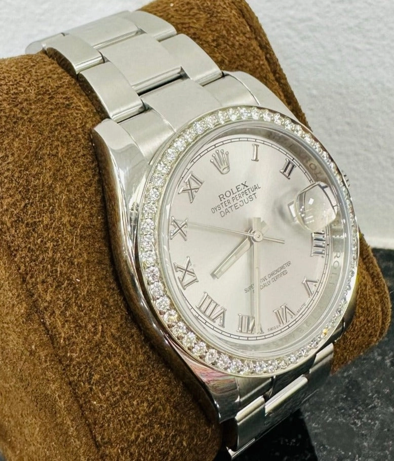 Rolex Datejust 36 116200 Silver Roman Dial with Custom 1.50Ct Diamond Bezel PreOwned