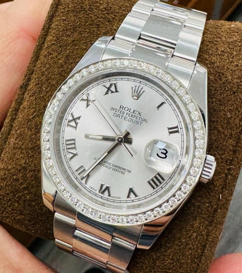 Rolex Datejust 36 116200 Silver Roman Dial with Custom 1.50Ct Diamond Bezel PreOwned