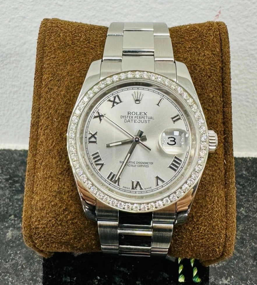 Rolex Datejust 36 116200 Silver Roman Dial with Custom 1.50Ct Diamond Bezel PreOwned