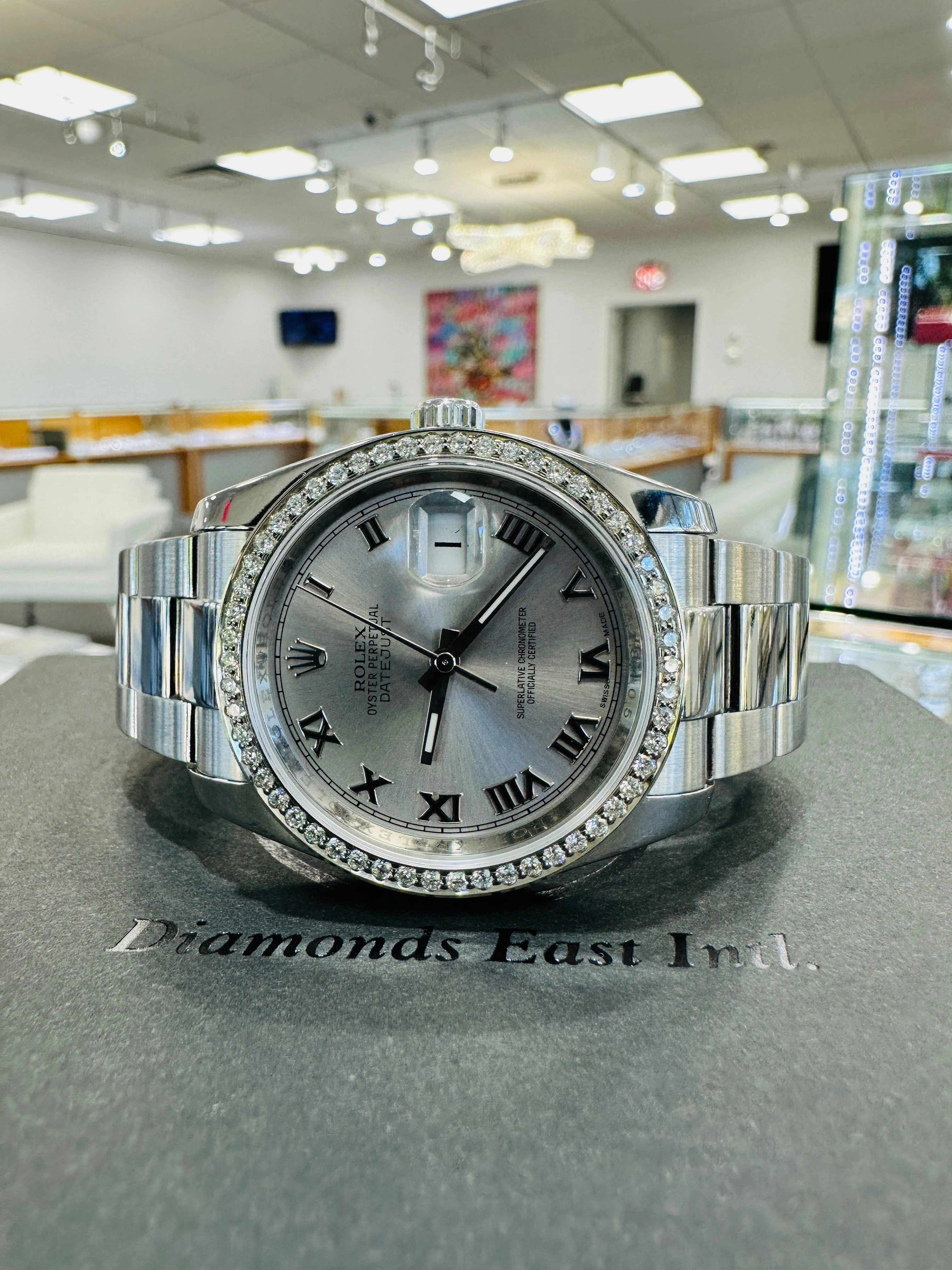 Rolex Datejust 36 116200 Silver Roman Dial with Custom 1.50Ct Diamond Bezel PreOwned