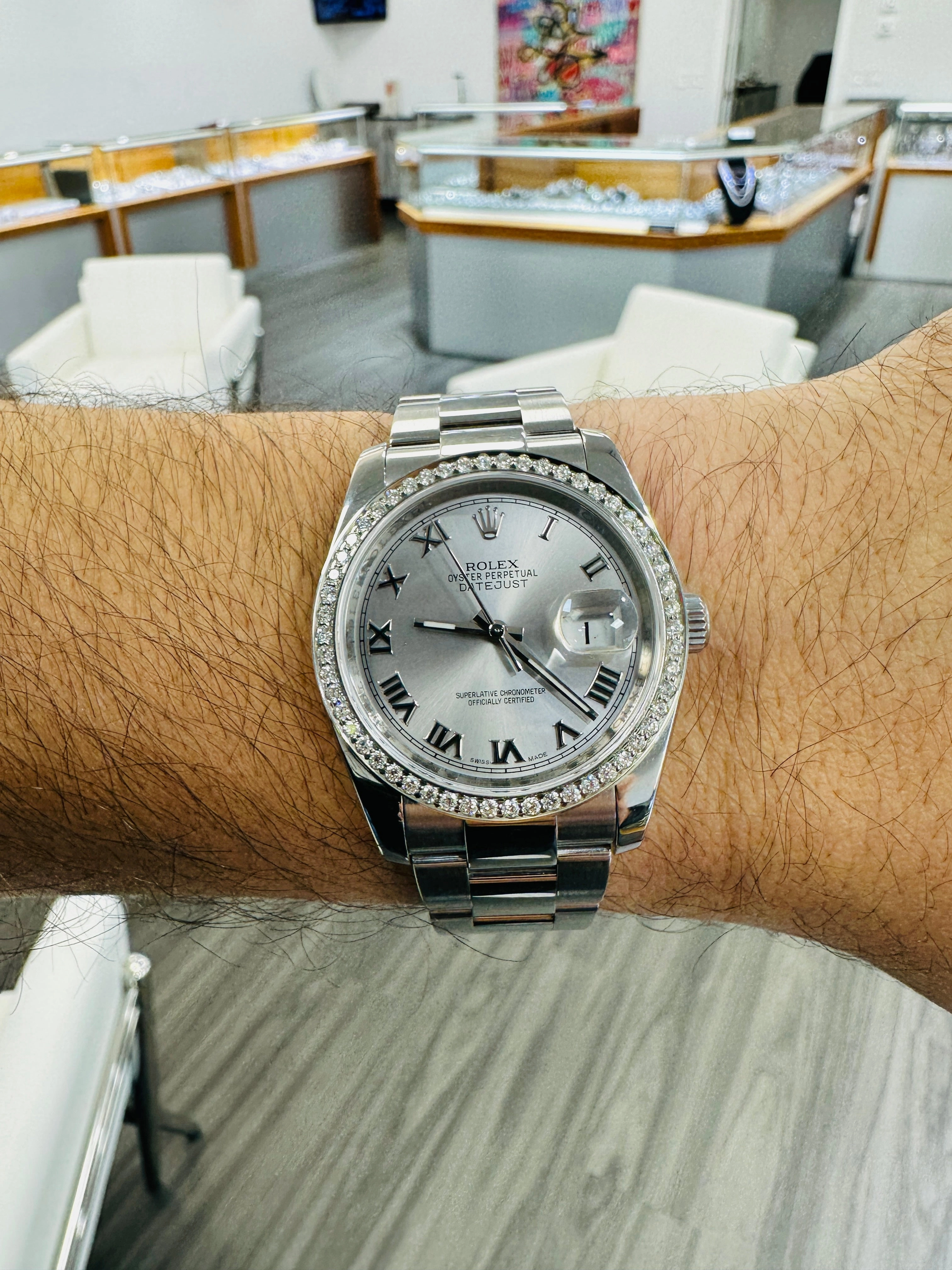 Rolex Datejust 36 116200 Silver Roman Dial with Custom 1.50Ct Diamond Bezel PreOwned