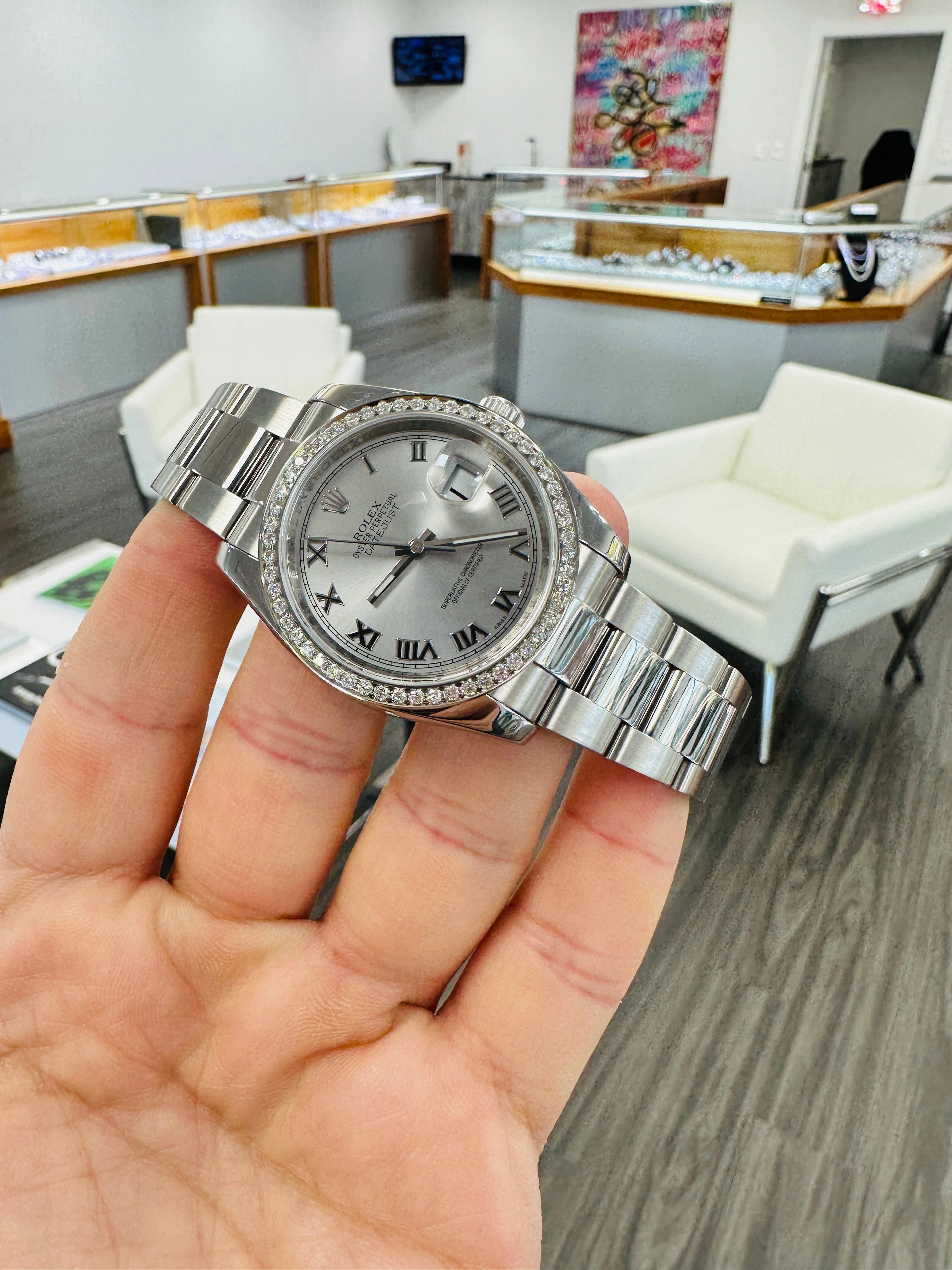 Rolex Datejust 36 116200 Silver Roman Dial with Custom 1.50Ct Diamond Bezel PreOwned