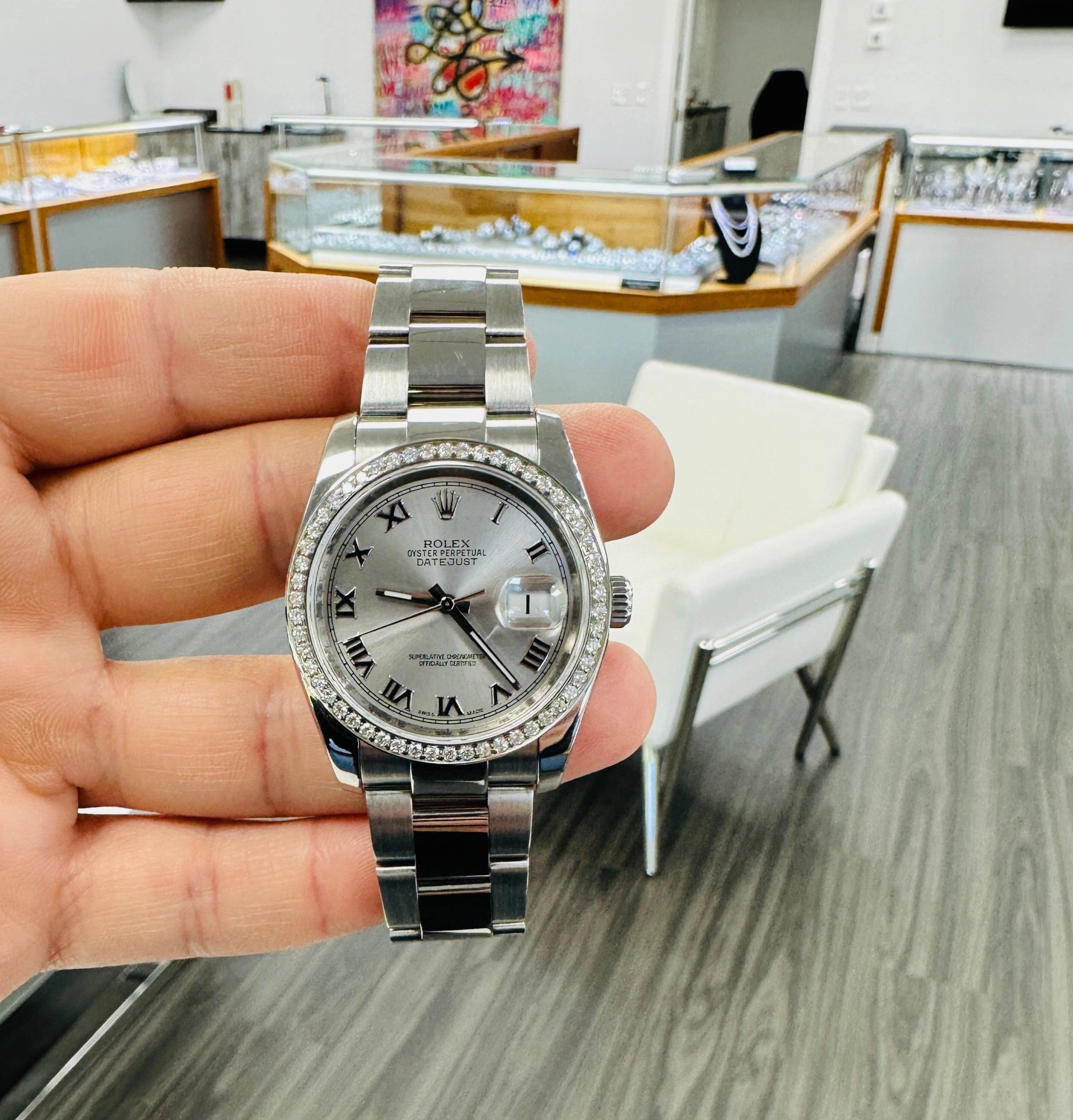 Rolex Datejust 36 116200 Silver Roman Dial with Custom 1.50Ct Diamond Bezel PreOwned