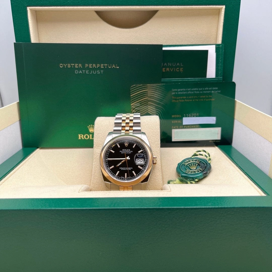 Rolex Datejust 36 116201 Stainless Steel Rose Gold Black Dial