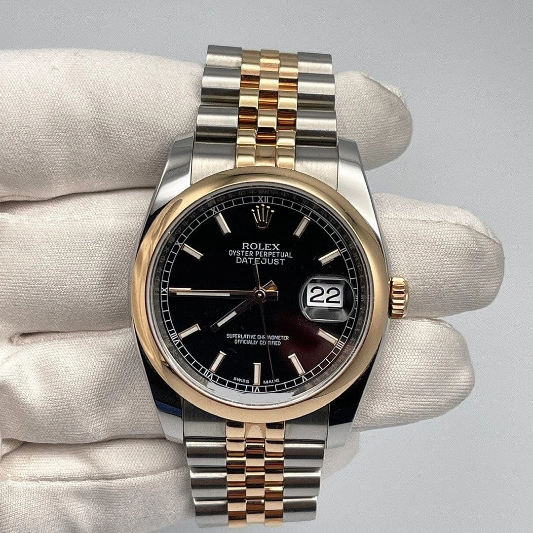 Rolex Datejust 36 116201 Stainless Steel Rose Gold Black Dial