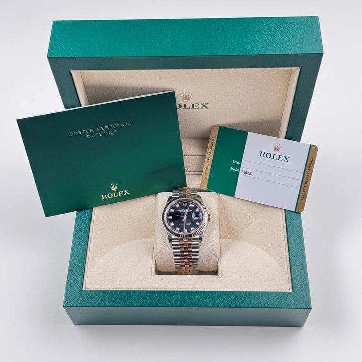Rolex Datejust 36 126231 Rose Gold Stainless Steel Black Diamond Dial