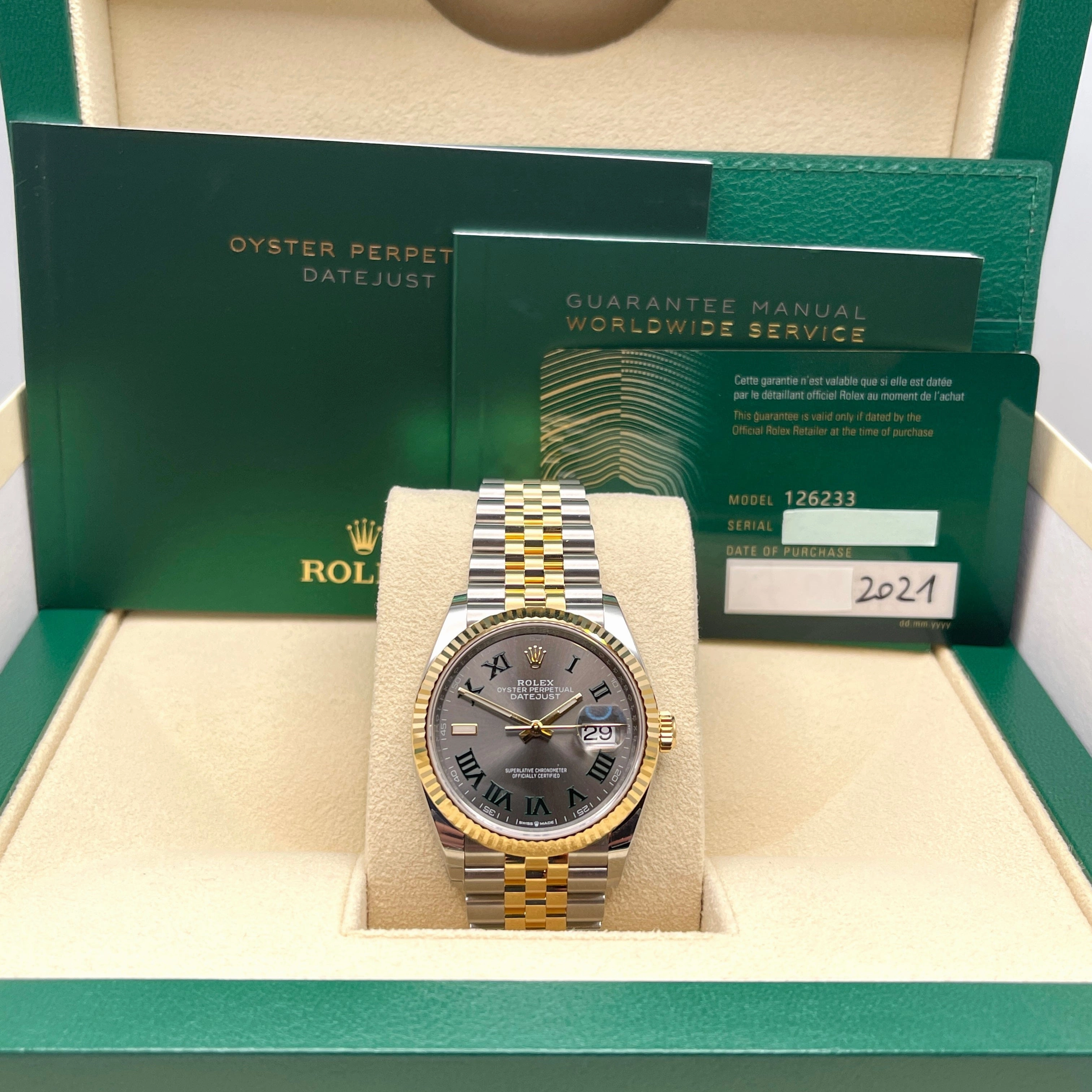 Rolex Datejust 36 126233 'Wimbledon' Stainless Steel Yellow Gold Slate Dial Jubilee (2021)