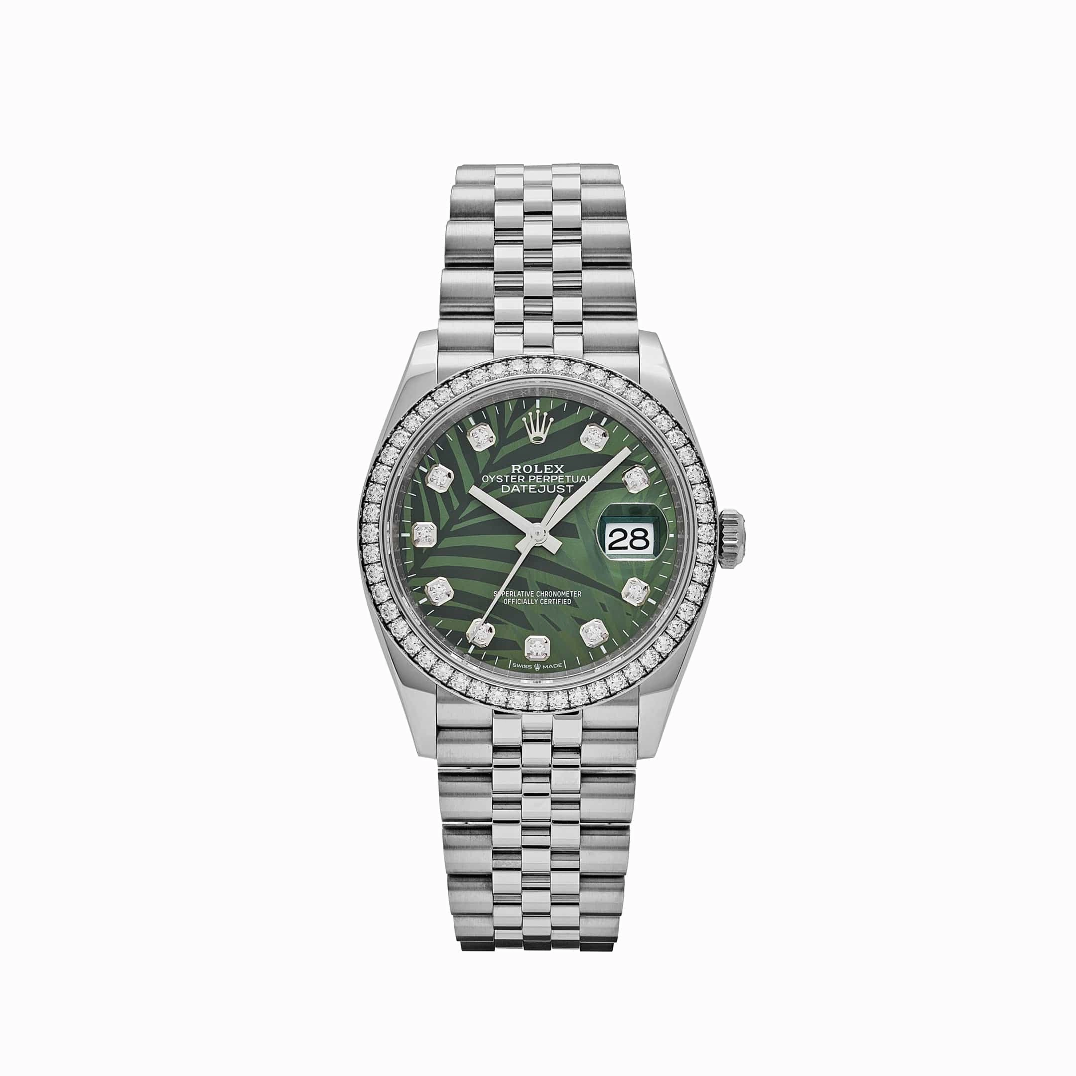 Rolex Datejust 36 126284RBR Stainless Steel Green Palm Frond Diamond Dial Diamond Bezel