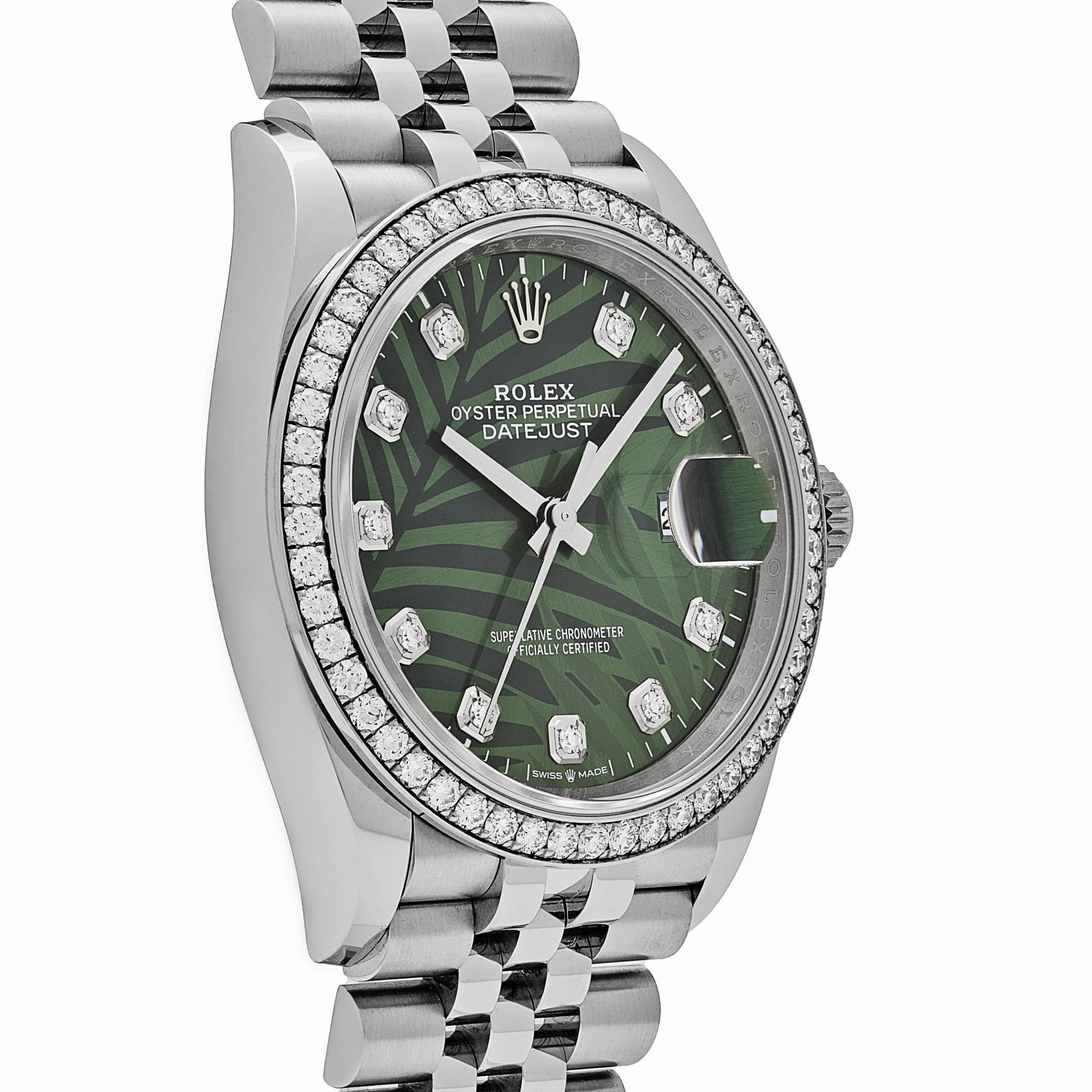 Rolex Datejust 36 126284RBR Stainless Steel Green Palm Frond Diamond Dial Diamond Bezel