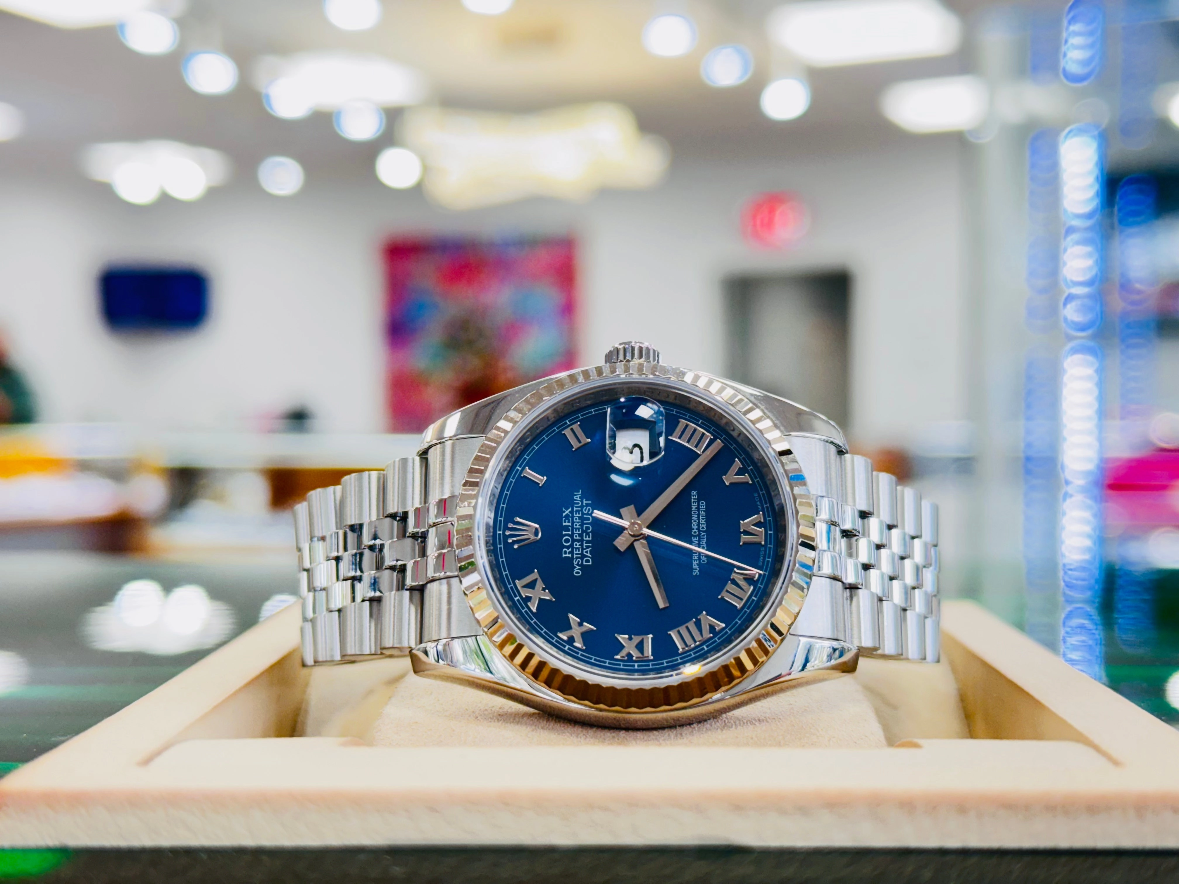Rolex Datejust 36mm 116234 Blue Roman Dial jubilee 18K White Gold Bezel MINT Box/ Papers