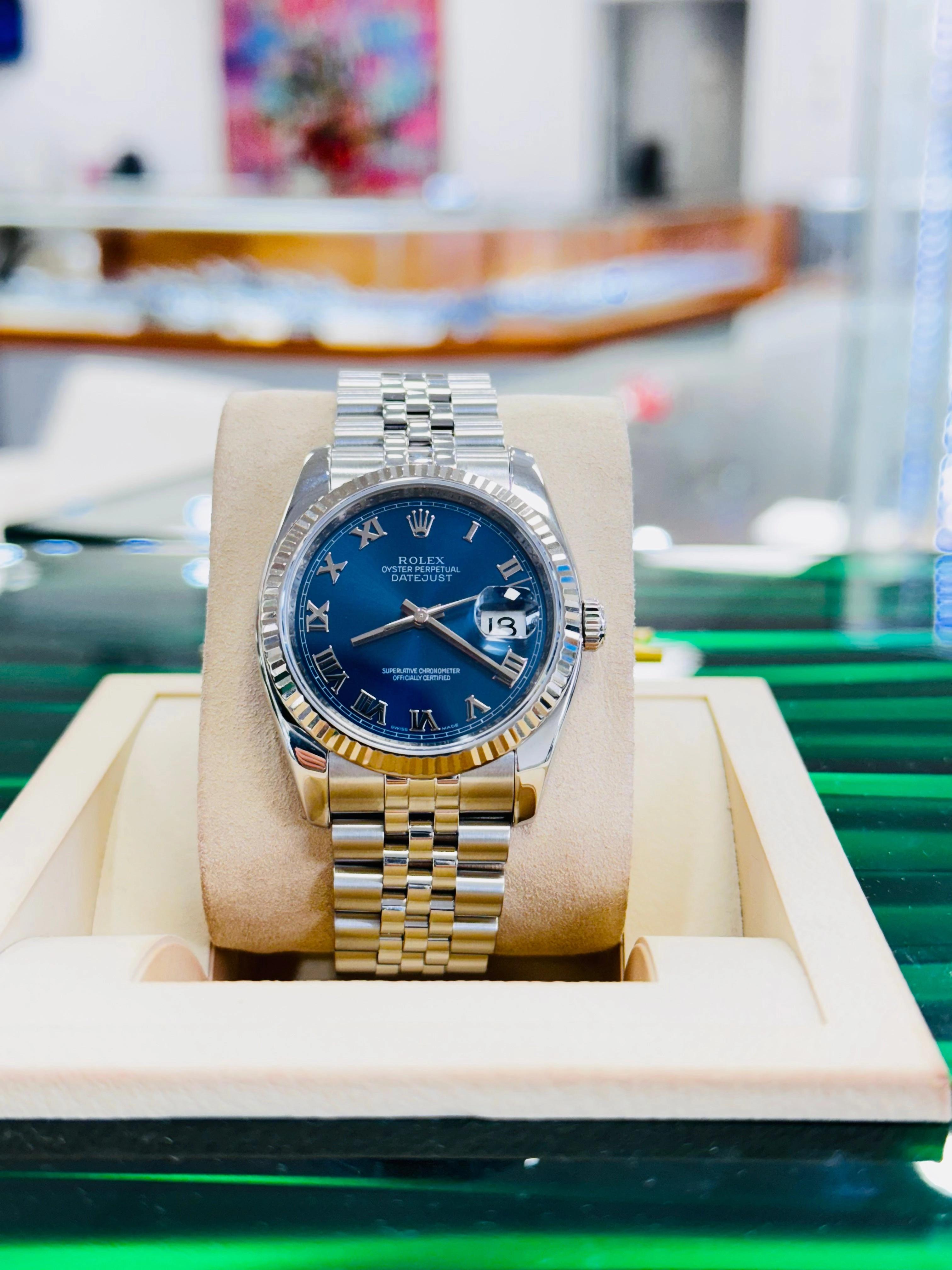 Rolex Datejust 36mm 116234 Blue Roman Dial jubilee 18K White Gold Bezel MINT Box/ Papers