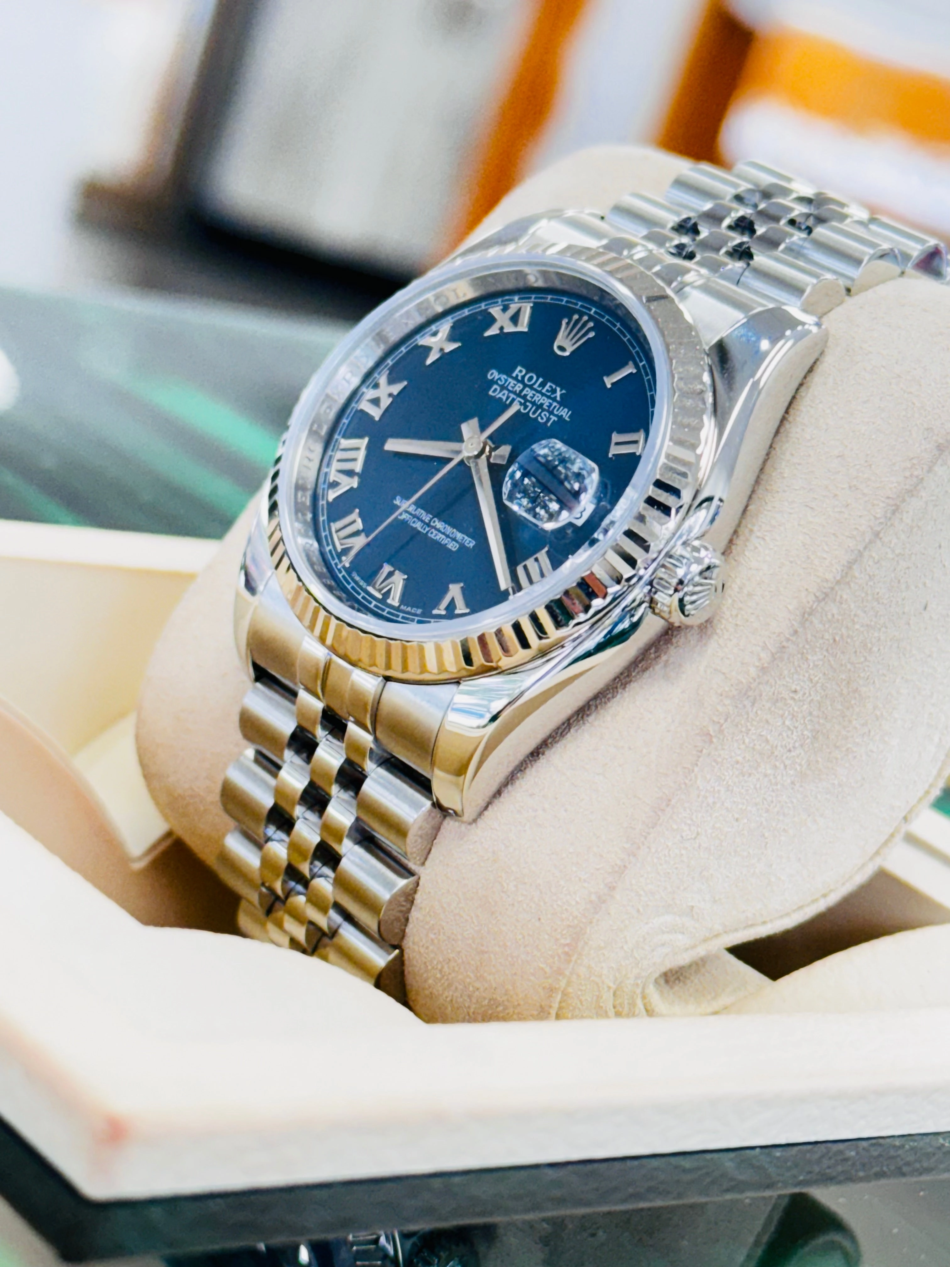 Rolex Datejust 36mm 116234 Blue Roman Dial jubilee 18K White Gold Bezel MINT Box/ Papers