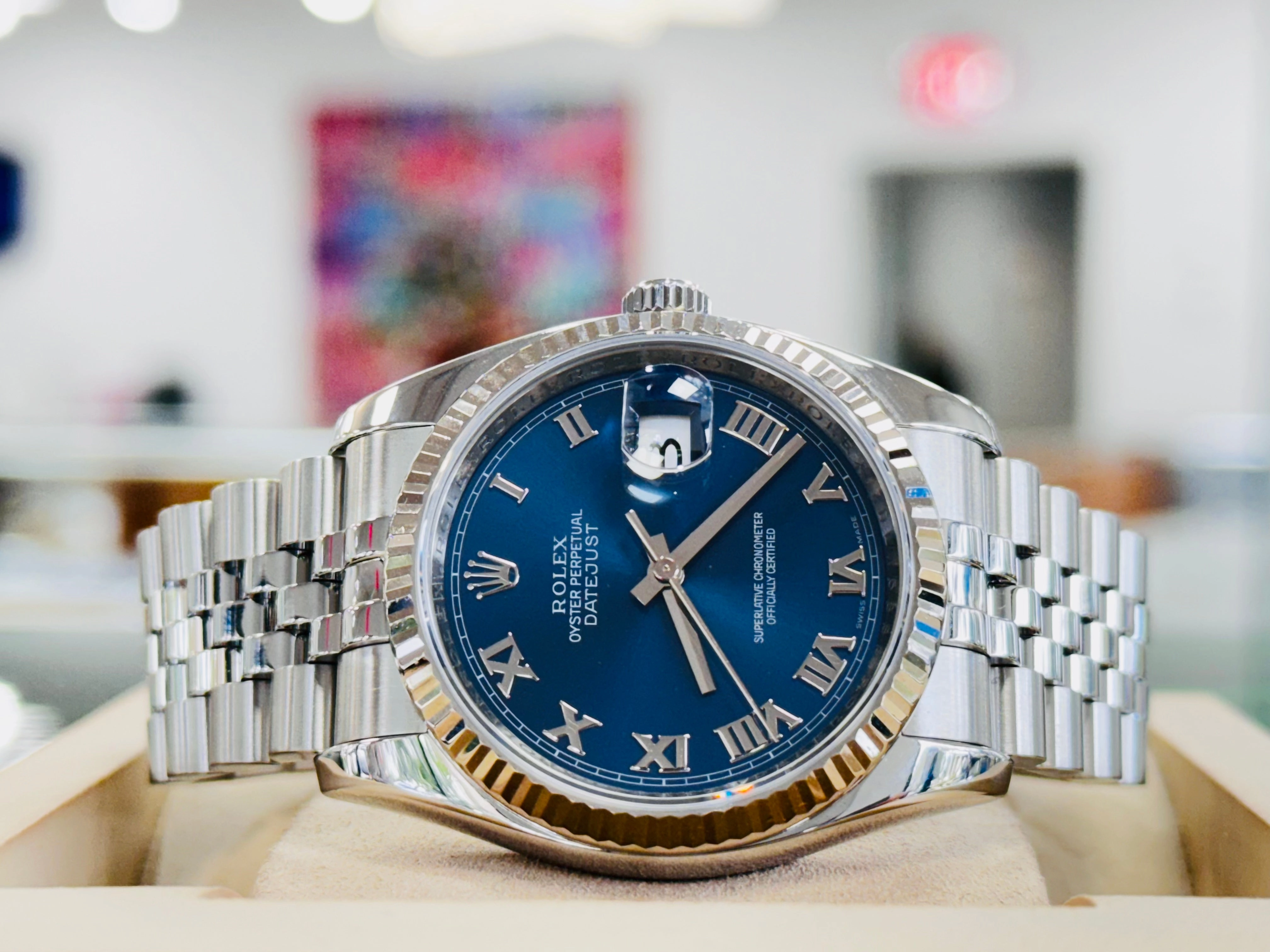Rolex Datejust 36mm 116234 Blue Roman Dial jubilee 18K White Gold Bezel MINT Box/ Papers