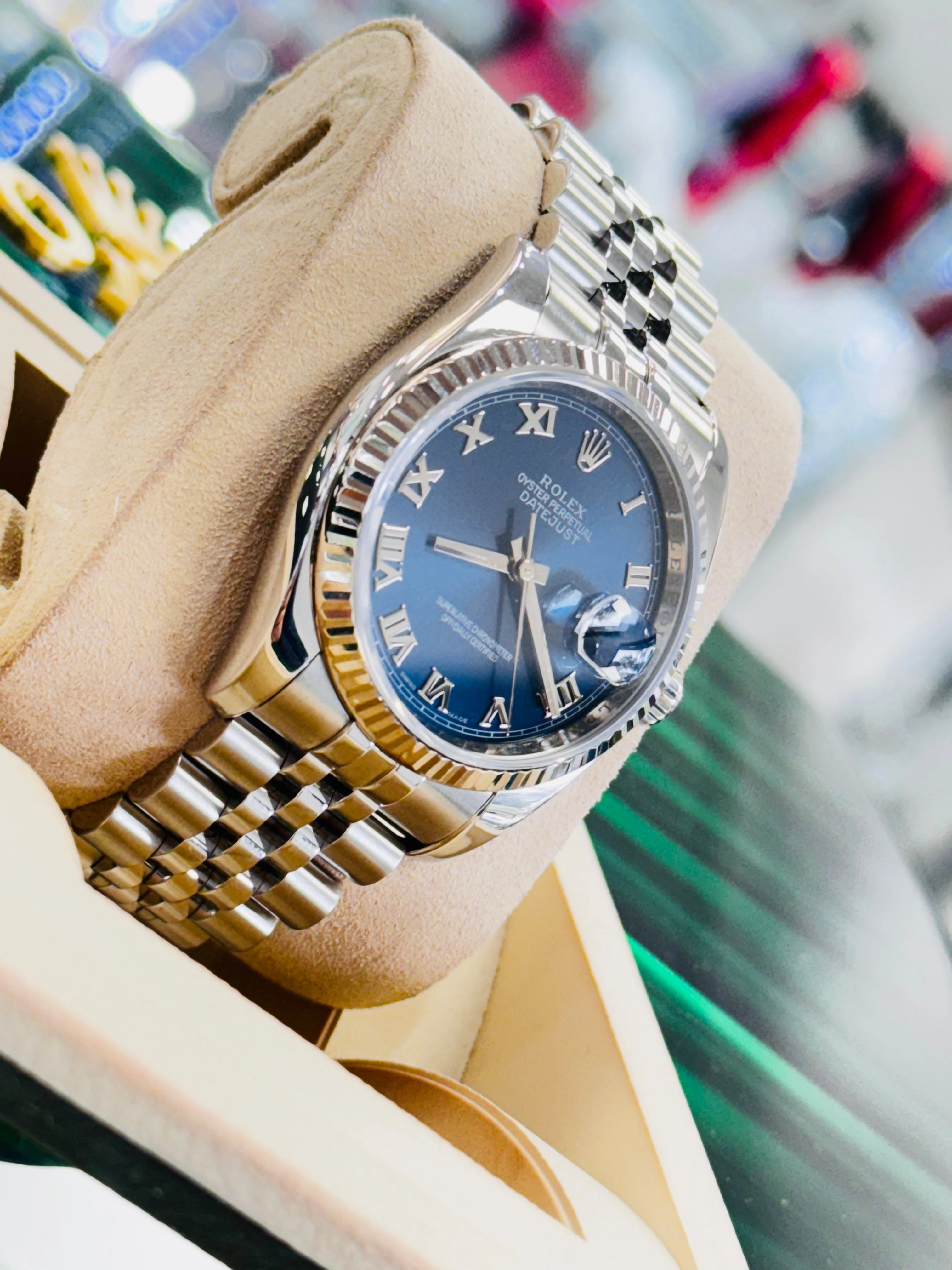 Rolex Datejust 36mm 116234 Blue Roman Dial jubilee 18K White Gold Bezel MINT Box/ Papers