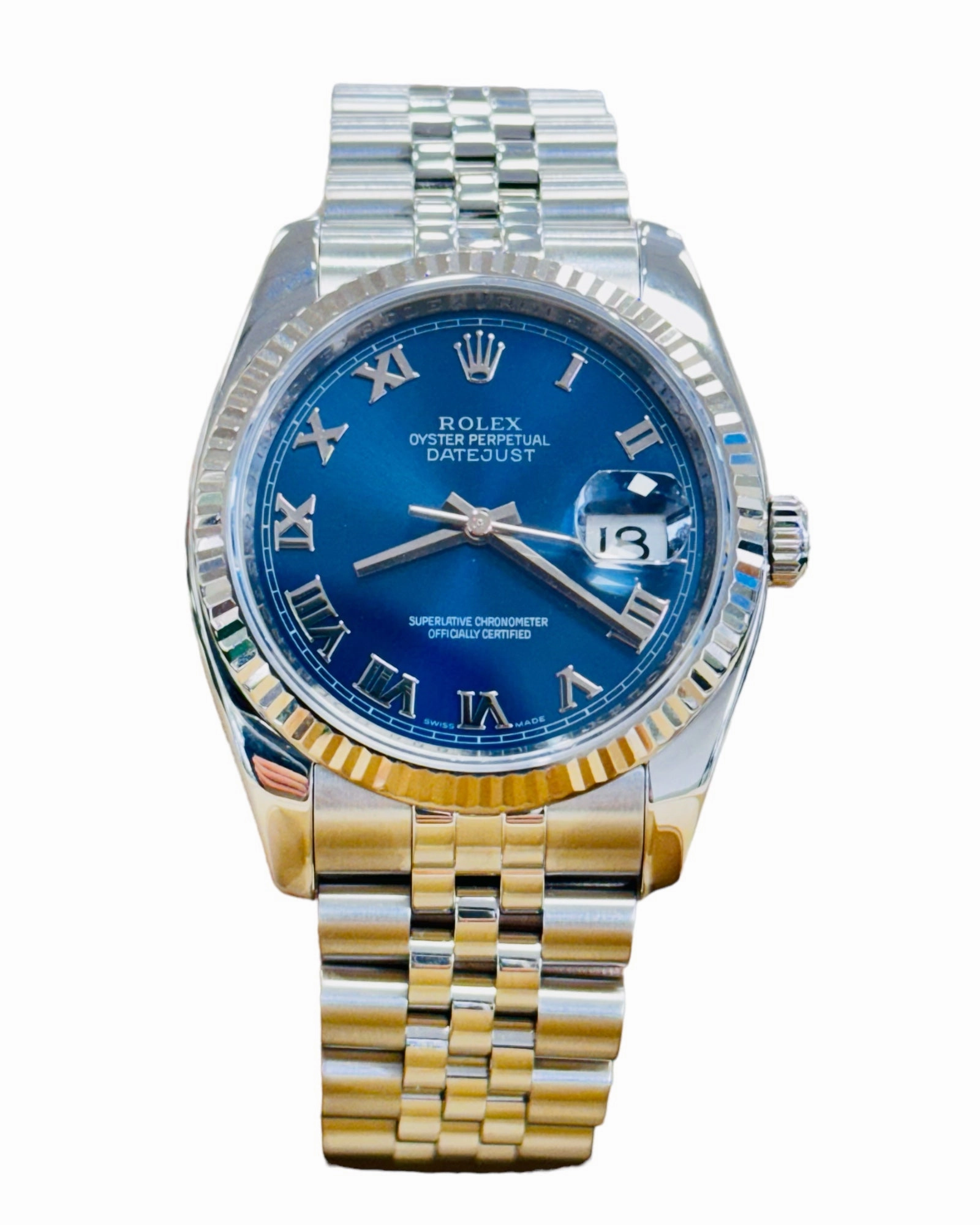 Rolex Datejust 36mm 116234 Blue Roman Dial jubilee 18K White Gold Bezel MINT Box/ Papers