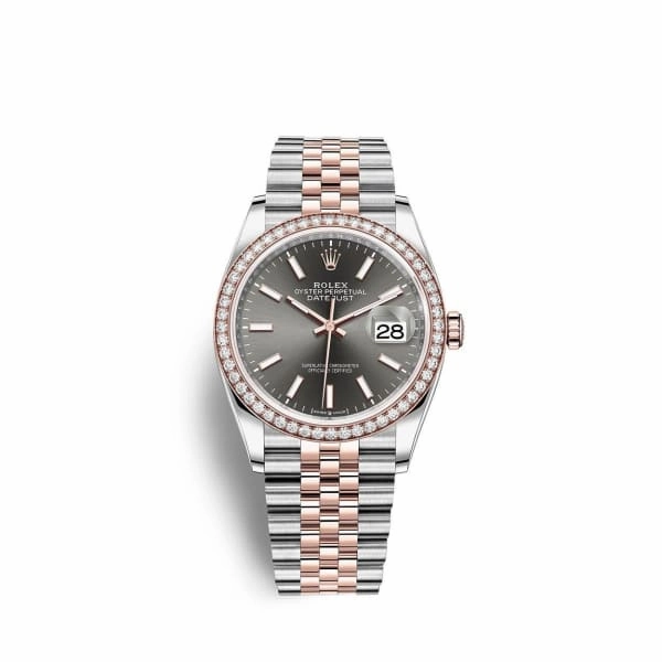 Rolex Datejust 36mm - Ref: 126281rbr-0001 - Dark Rhodium Stick Dial & Diamond Bezel, Two Tone Stainless Steel & 18K Rose Gold Jubilee Bracelet Watch