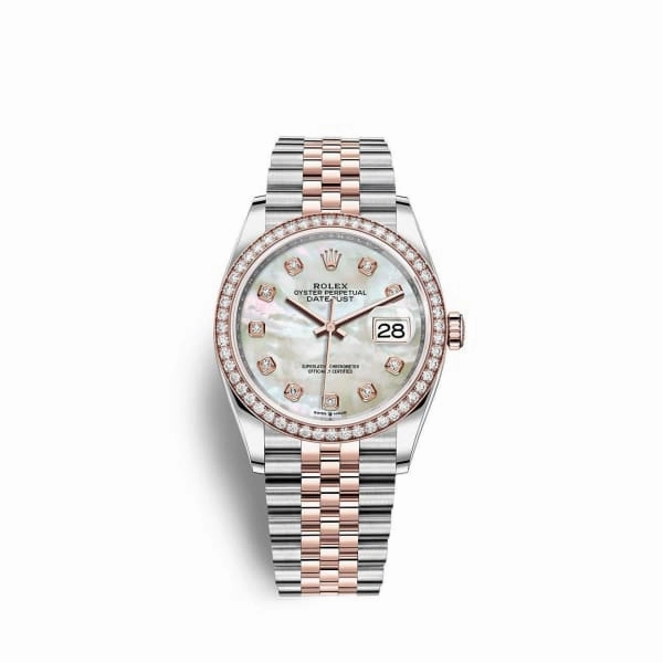 Rolex Datejust 36mm - Ref: 126281rbr-0009 - White Mother of Pearl Diamond Dial & Diamond Bezel, Two Tone Stainless Steel & 18K Rose Gold Jubilee Bracelet Watch