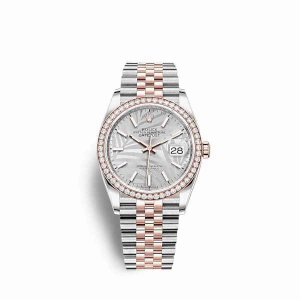 Rolex Datejust 36mm - Ref: 126281rbr-0019 - Silver Palm Motif Dial & Diamond Bezel, Two Tone Stainless Steel & 18K Rose Gold Jubilee Bracelet Watch