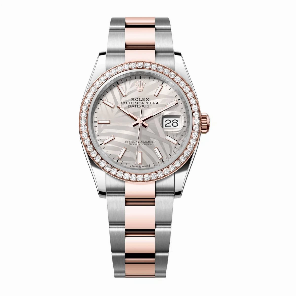 Rolex Datejust 36mm - Ref: 126281rbr-0020 - Silver Palm Motif Dial & Diamond Bezel, Two Tone Stainless Steel & 18K Rose Gold Oyster Bracelet Watch