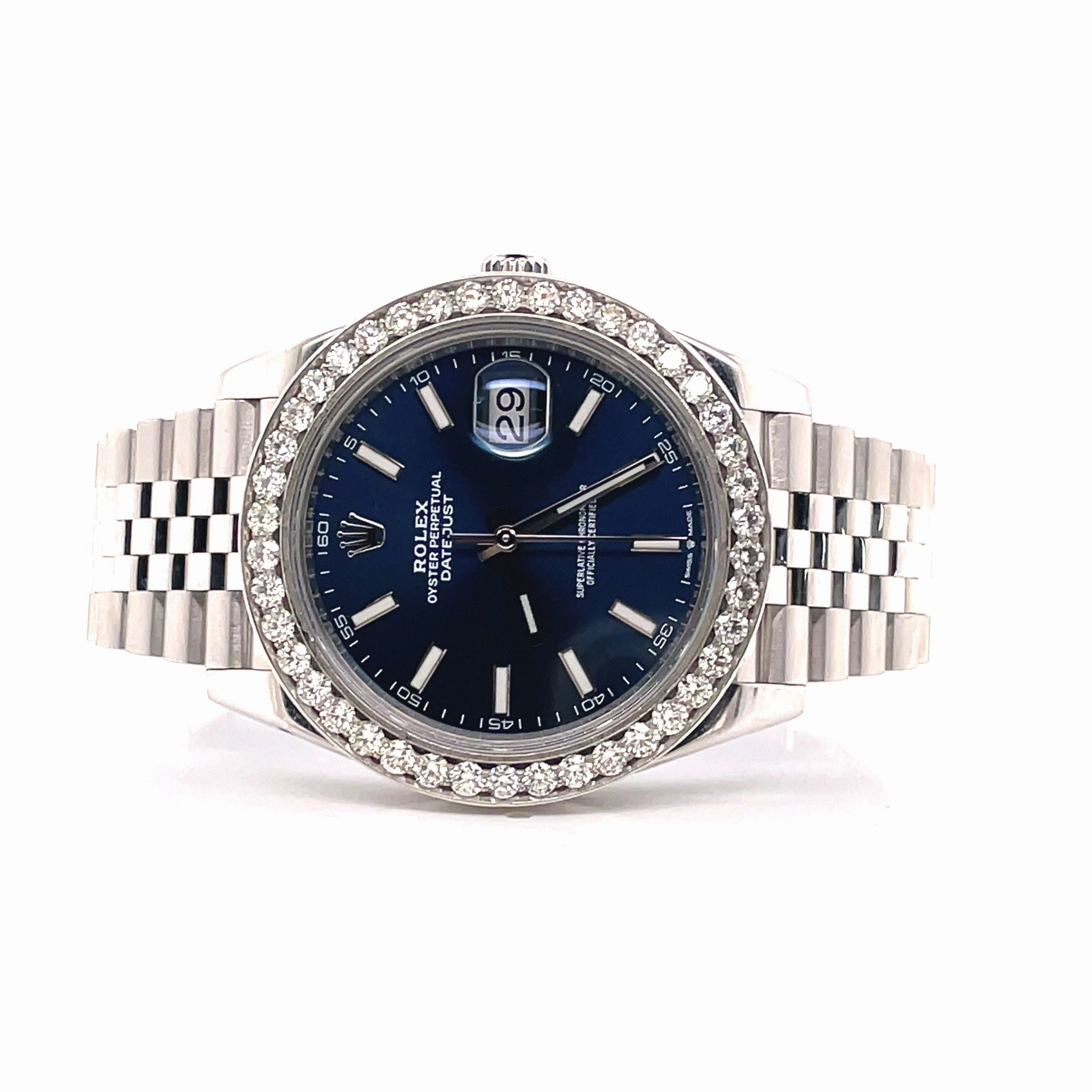 Rolex Datejust 41 126300 Blue Stick Dial Custom 3.25ct Diamond Bezel Jubilee PreOwned