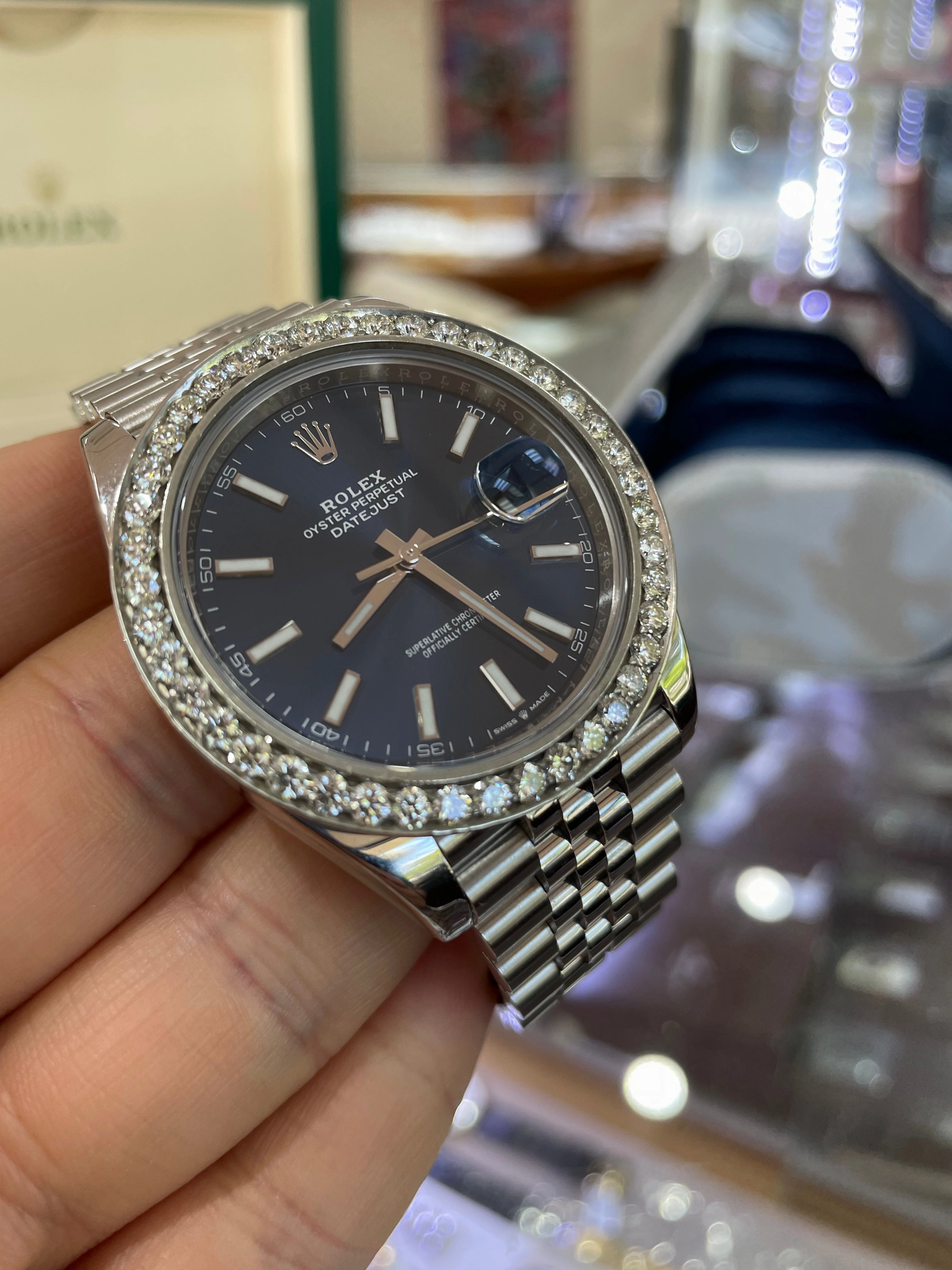 Rolex Datejust 41 126300 Blue Stick Dial Custom 3.25ct Diamond Bezel Jubilee PreOwned