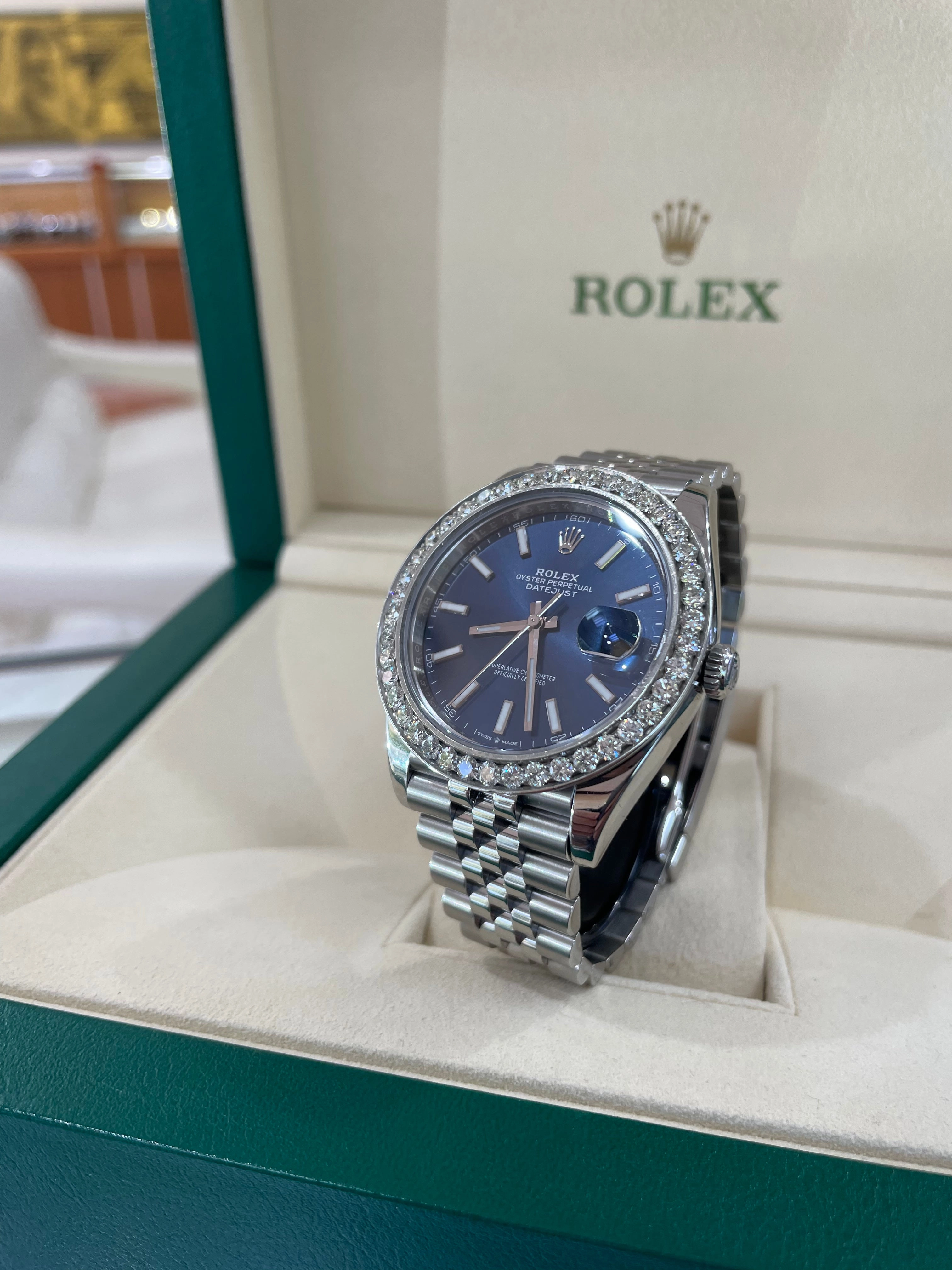 Rolex Datejust 41 126300 Blue Stick Dial Custom 3.25ct Diamond Bezel Jubilee PreOwned