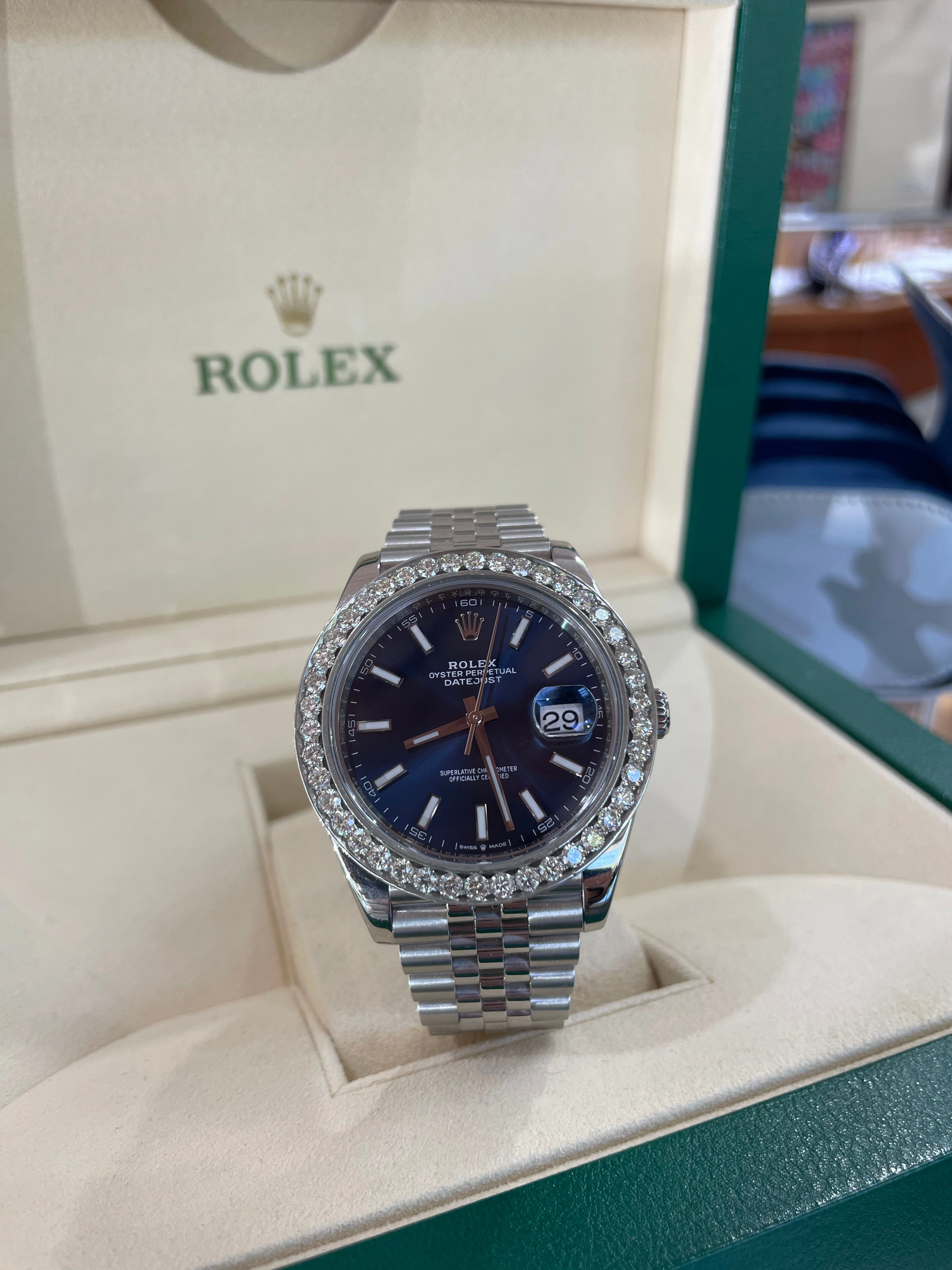 Rolex Datejust 41 126300 Blue Stick Dial Custom 3.25ct Diamond Bezel Jubilee PreOwned