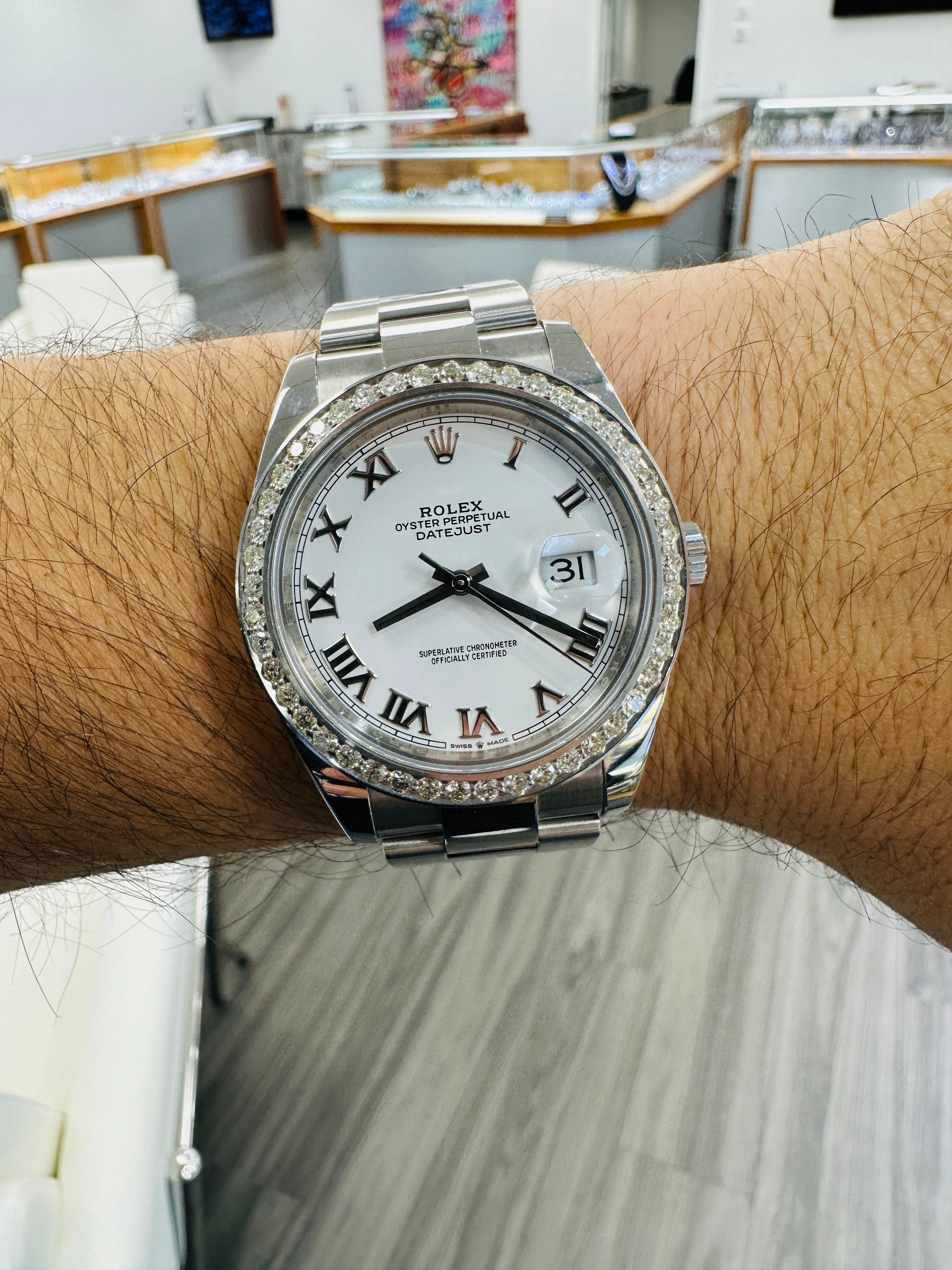 Rolex Datejust 41 126300 Custom 2.75 Natural Diamond bezel White Roman Dial PreOwned