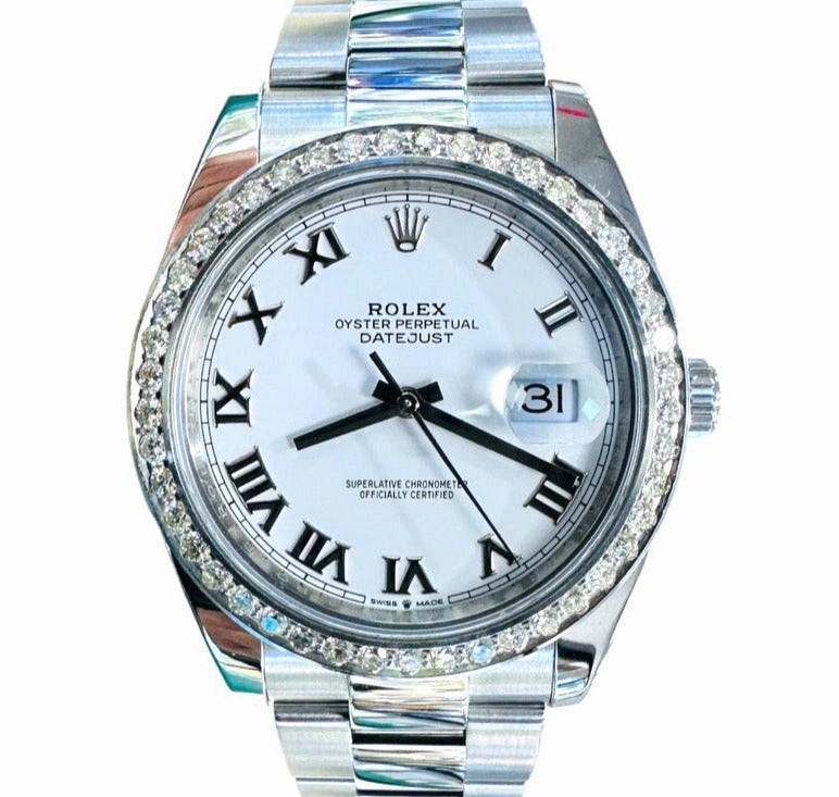 Rolex Datejust 41 126300 Custom 2.75 Natural Diamond bezel White Roman Dial PreOwned