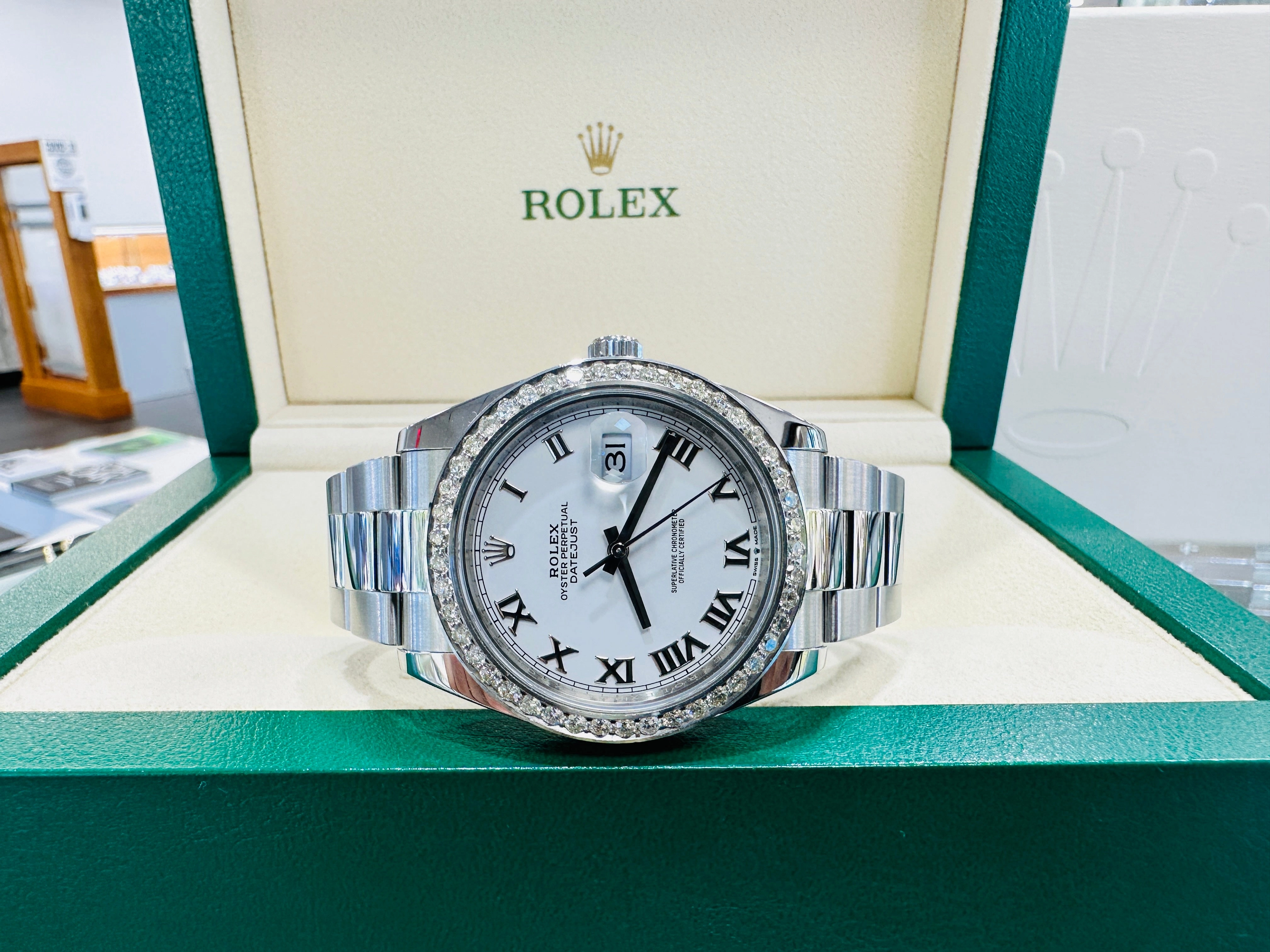 Rolex Datejust 41 126300 Custom 2.75 Natural Diamond bezel White Roman Dial PreOwned