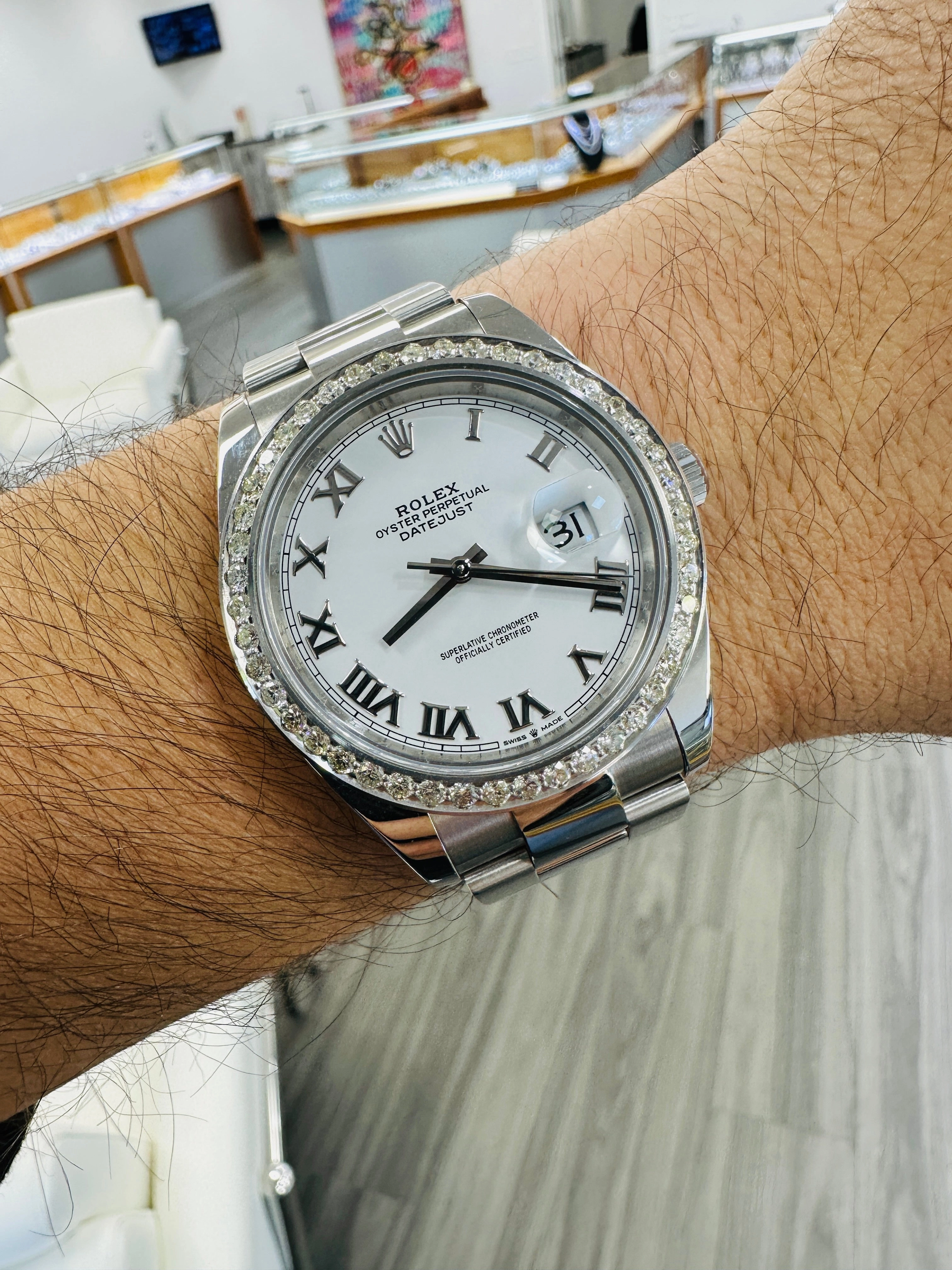 Rolex Datejust 41 126300 Custom 2.75 Natural Diamond bezel White Roman Dial PreOwned