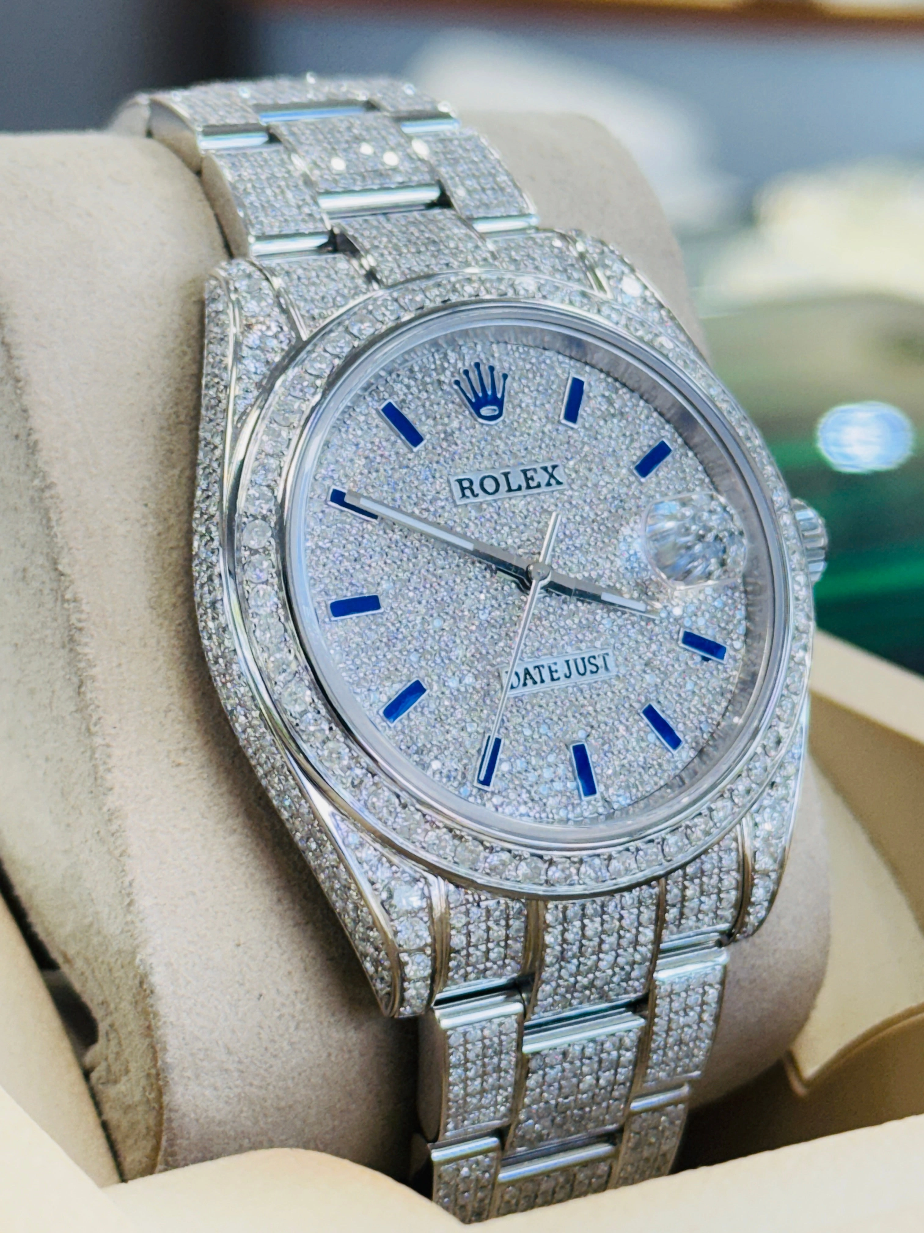 Rolex Datejust 41 126300 Custom Diamond Pave Set Custom Pave Diamond Blue Stick Dial Box/Papers UNWORN