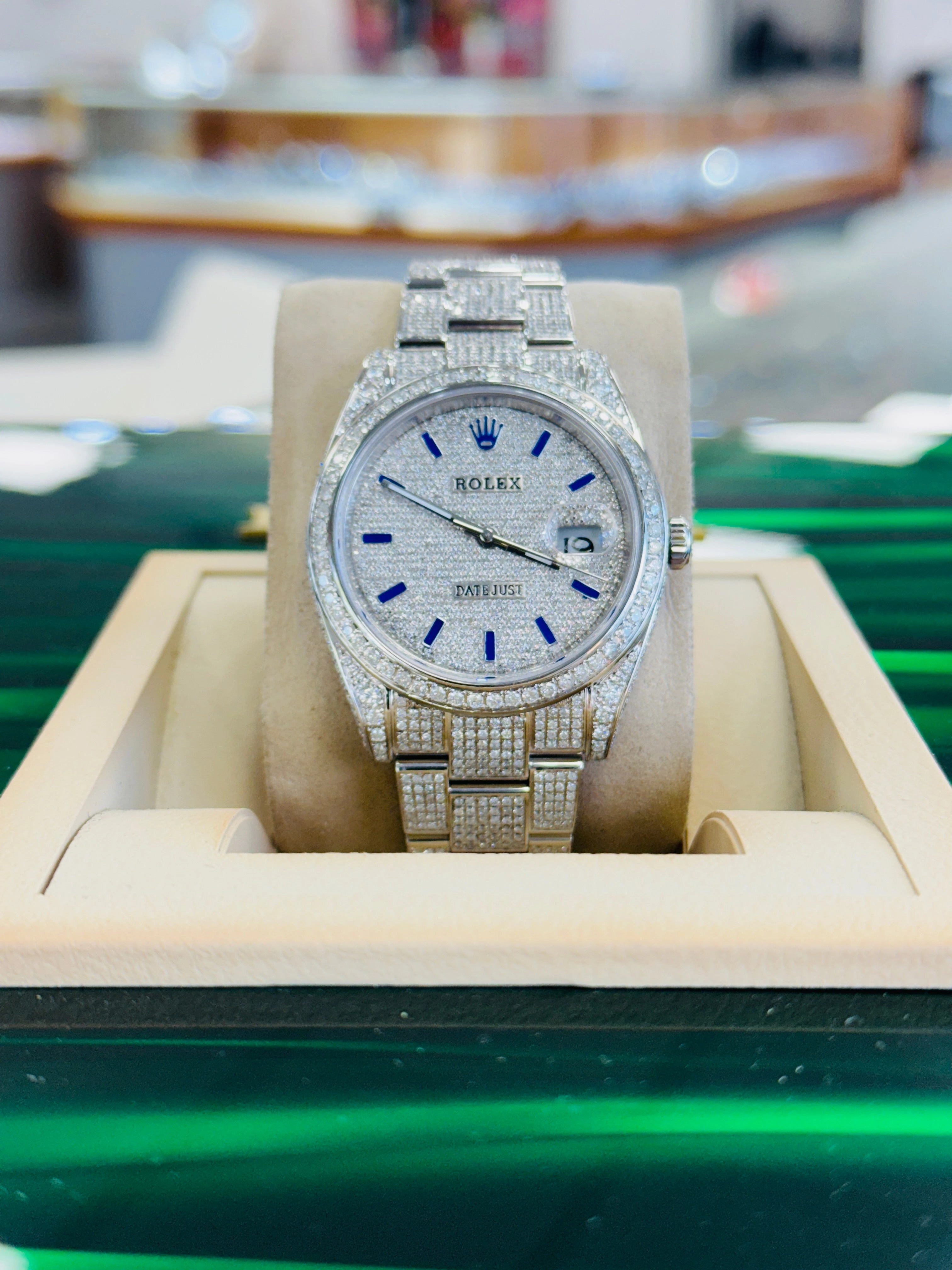 Rolex Datejust 41 126300 Custom Diamond Pave Set Custom Pave Diamond Blue Stick Dial Box/Papers UNWORN