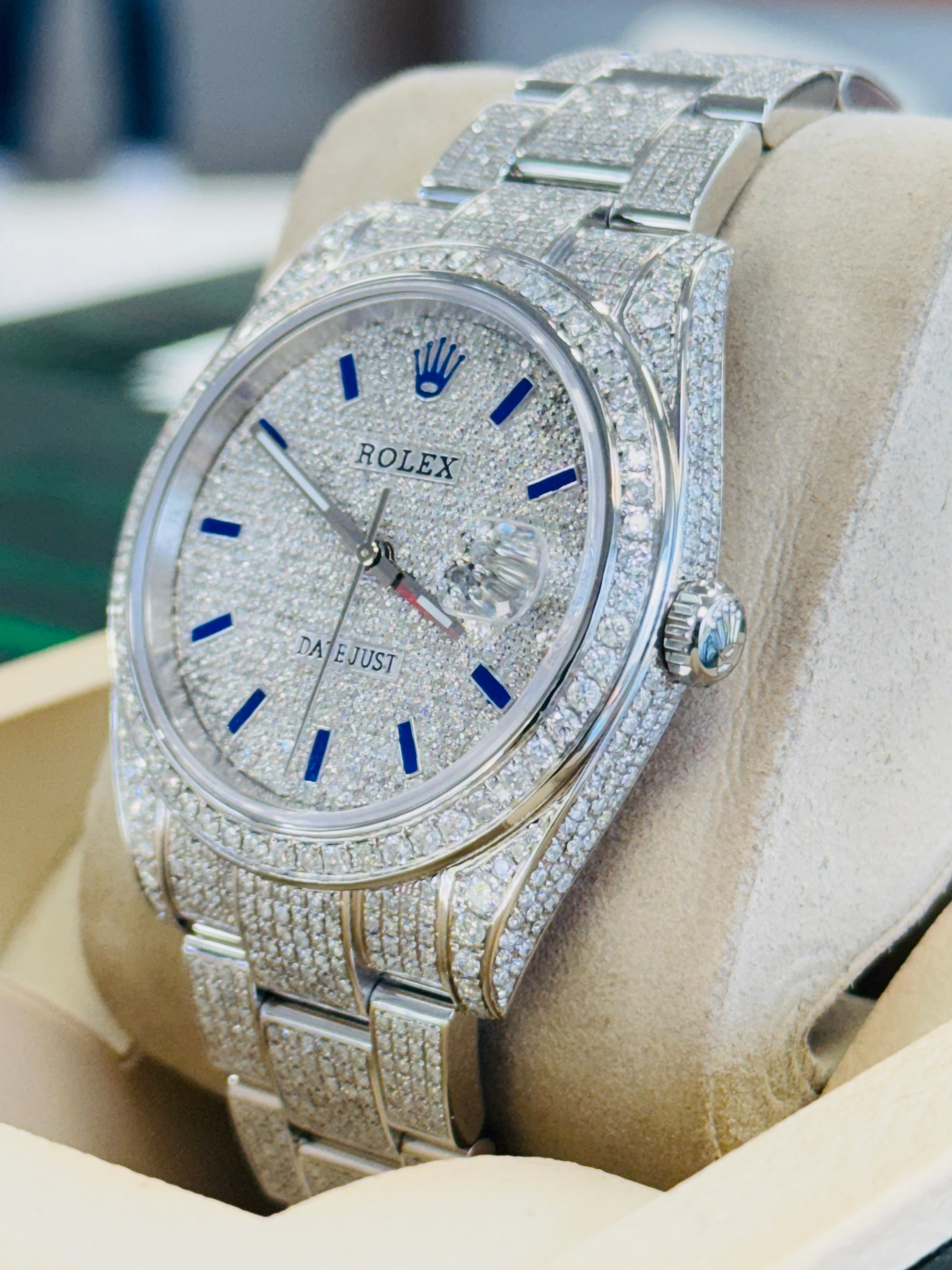 Rolex Datejust 41 126300 Custom Diamond Pave Set Custom Pave Diamond Blue Stick Dial Box/Papers UNWORN